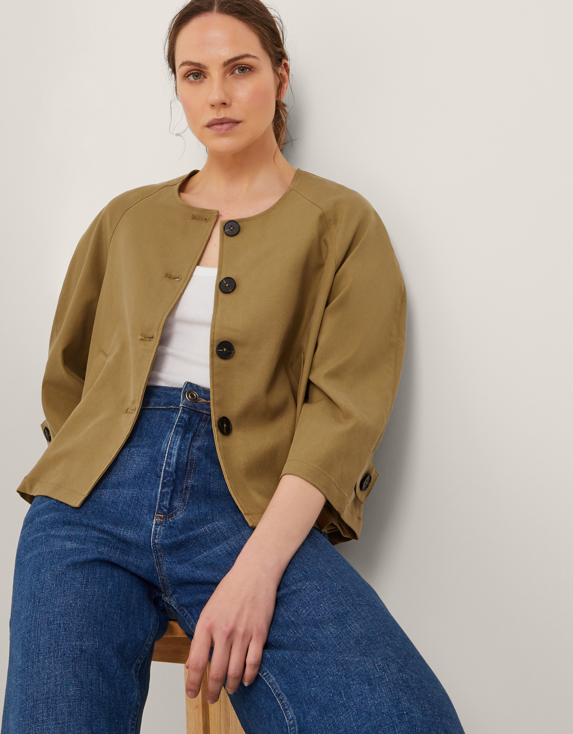 Monsoon Brown Lyocell & Polyester Verity 3/4 Sleeve Swing Jacket