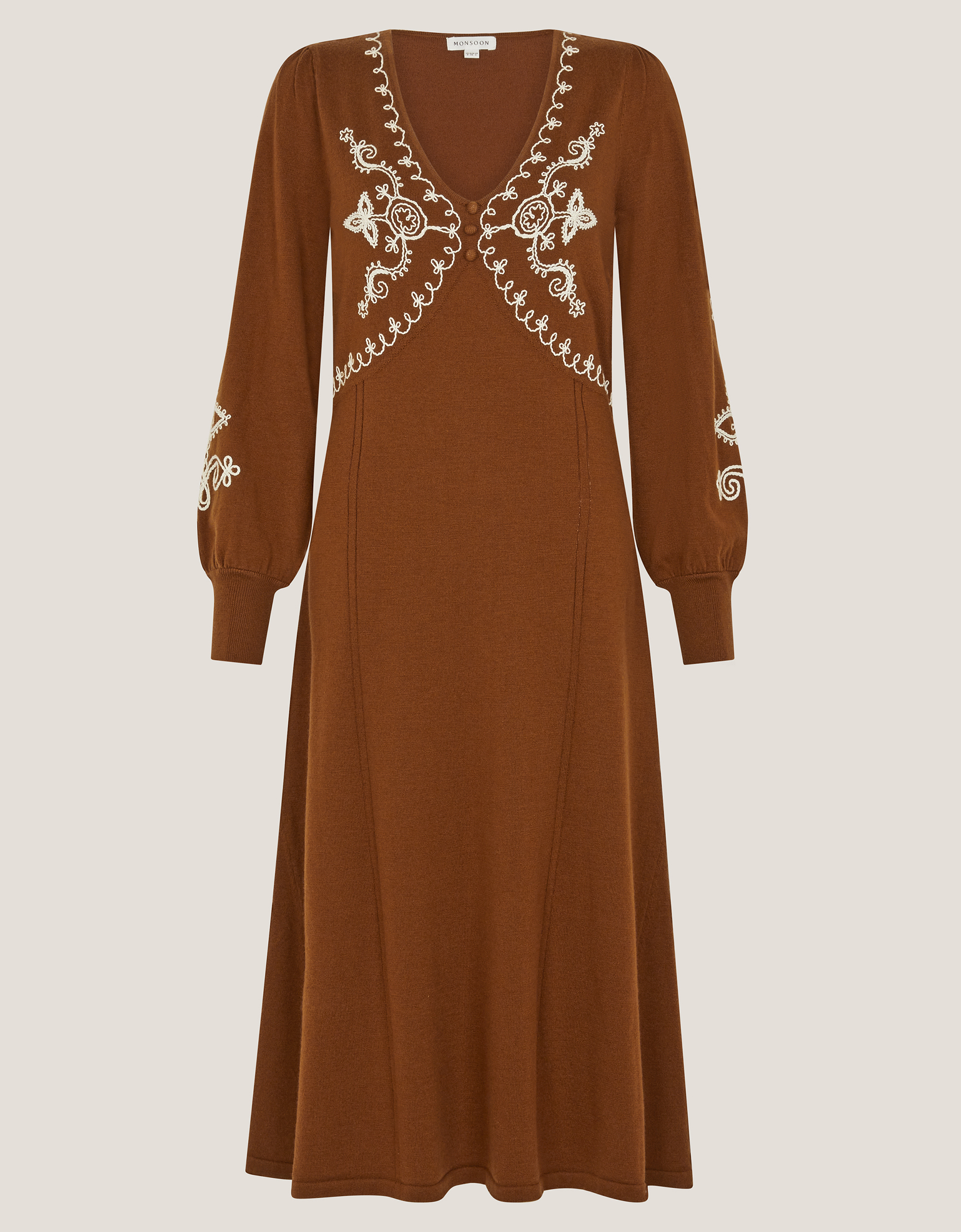 Monsoon Cleo V-Neck Embroidered Knit Midi Dress, view 6