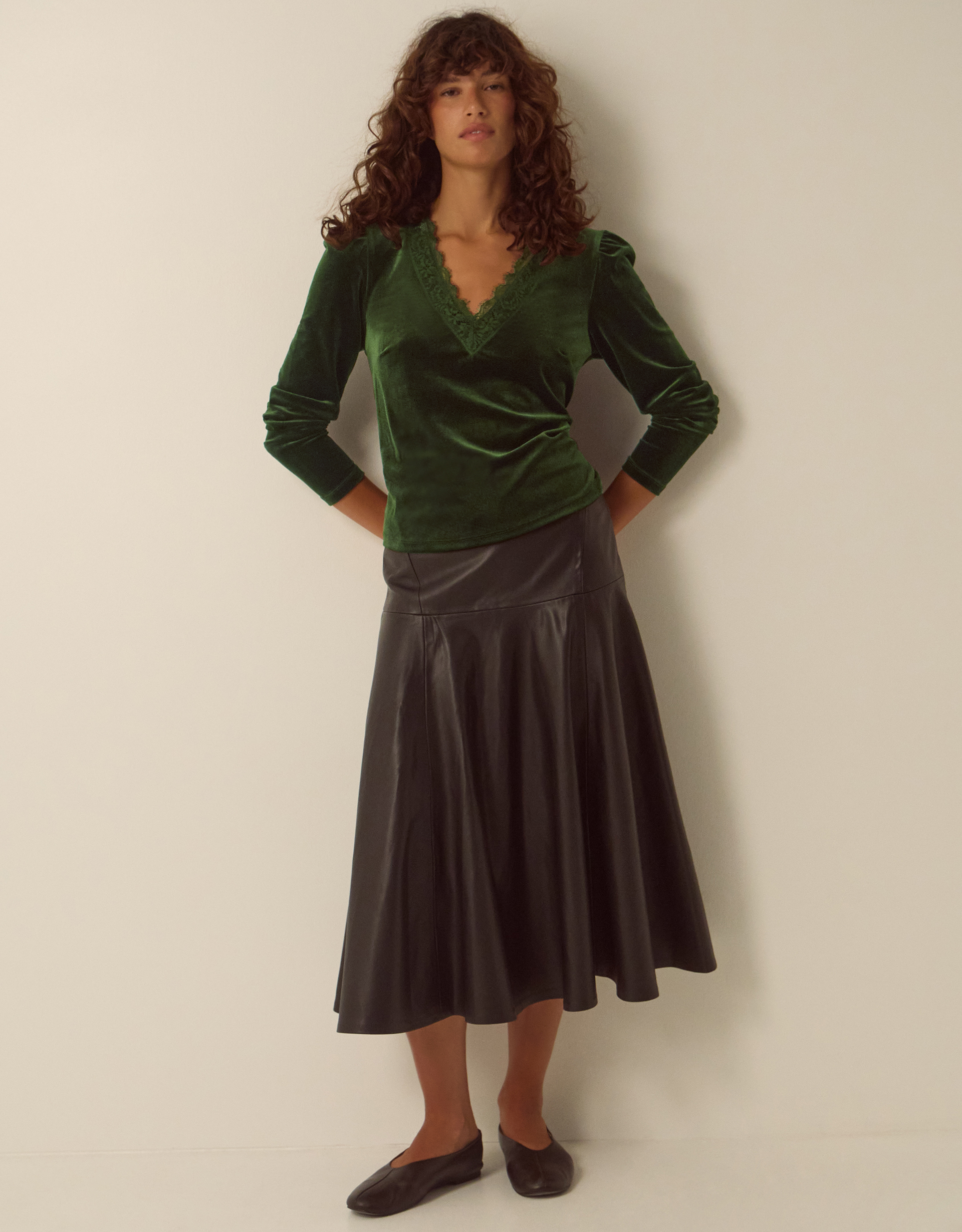 Monsoon Lexi Lace Trim Velvet Top in Green, view 2