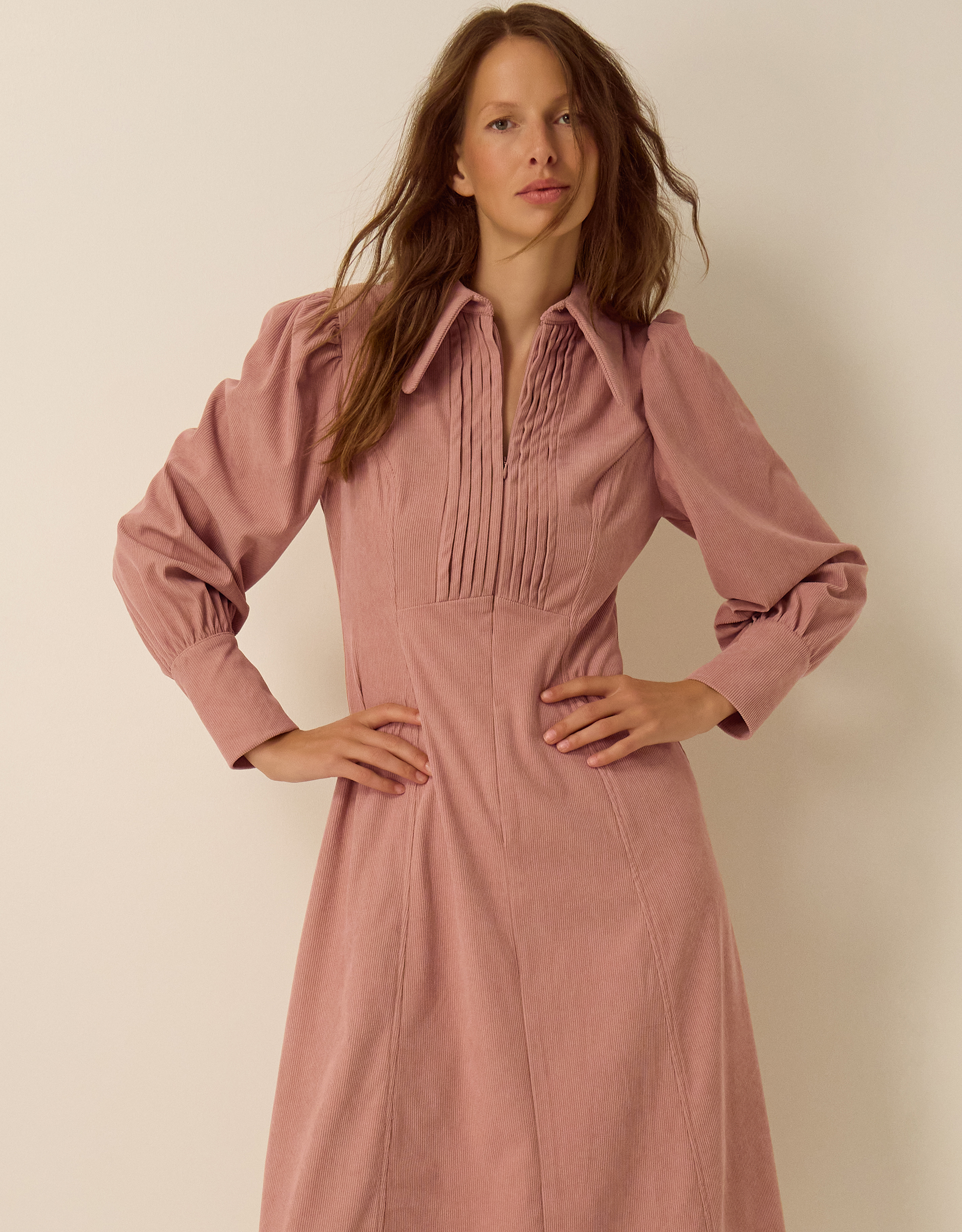 Monsoon Skye Stretch Corduroy Midi Shirt Dress Pink, view 2
