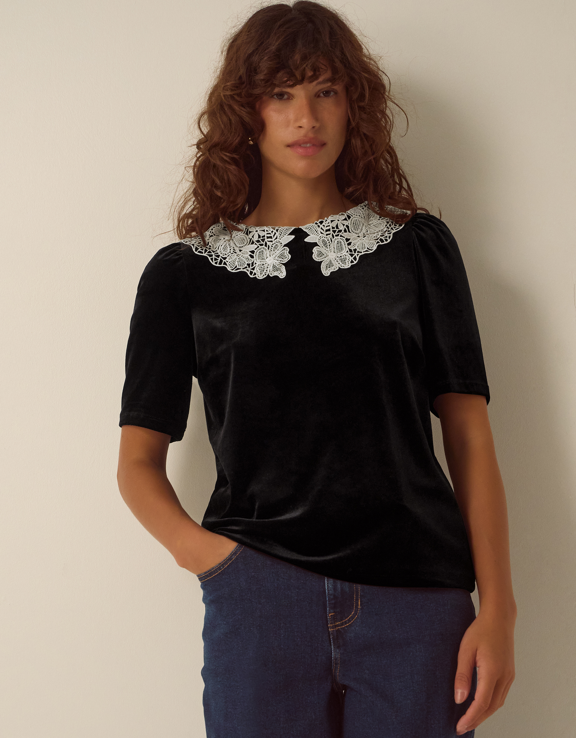 Monsoon Lenora Lace Collar Velvet Top in black