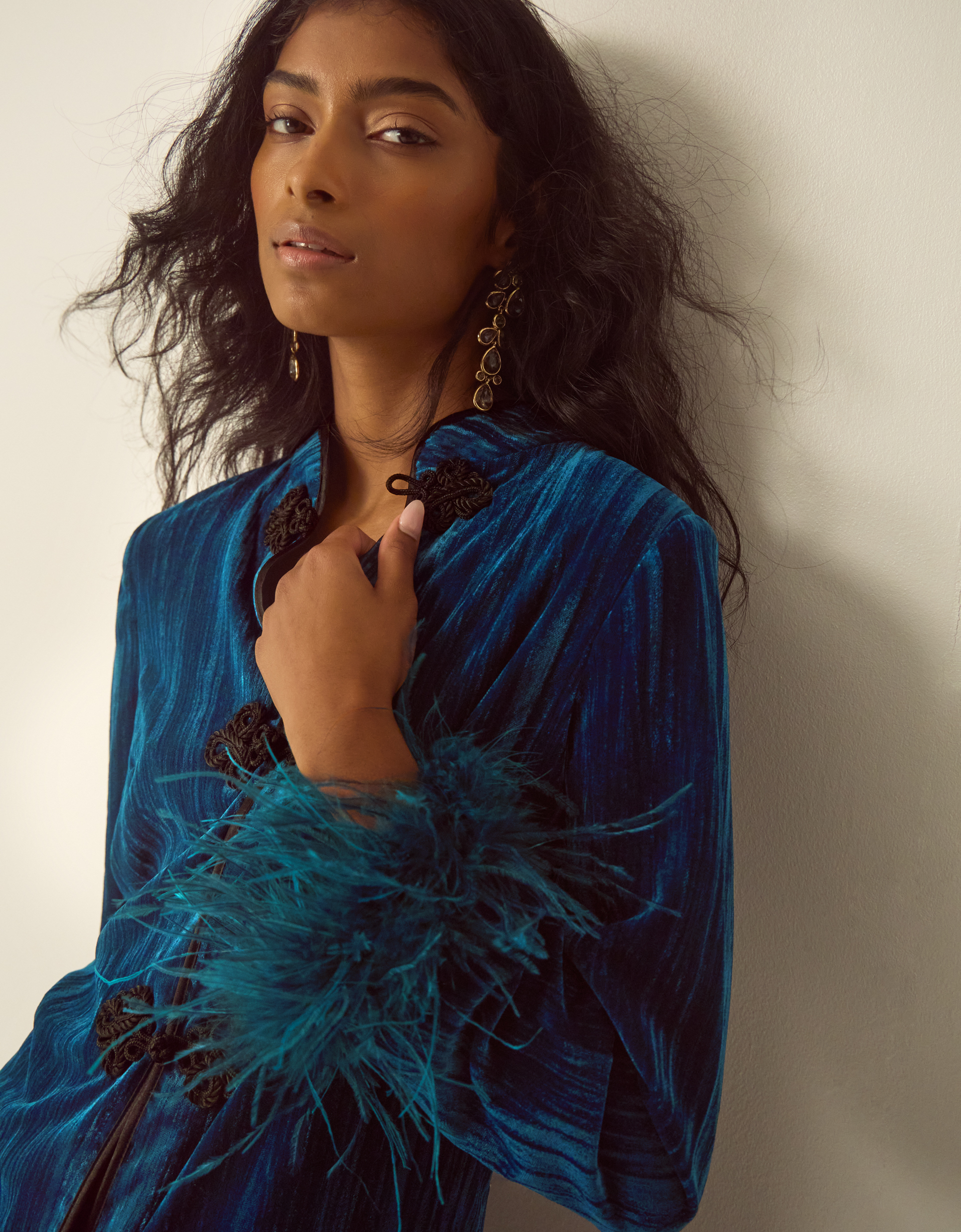 Monsoon Quinn Frogging Faux Feather Velvet Jacket, view 2