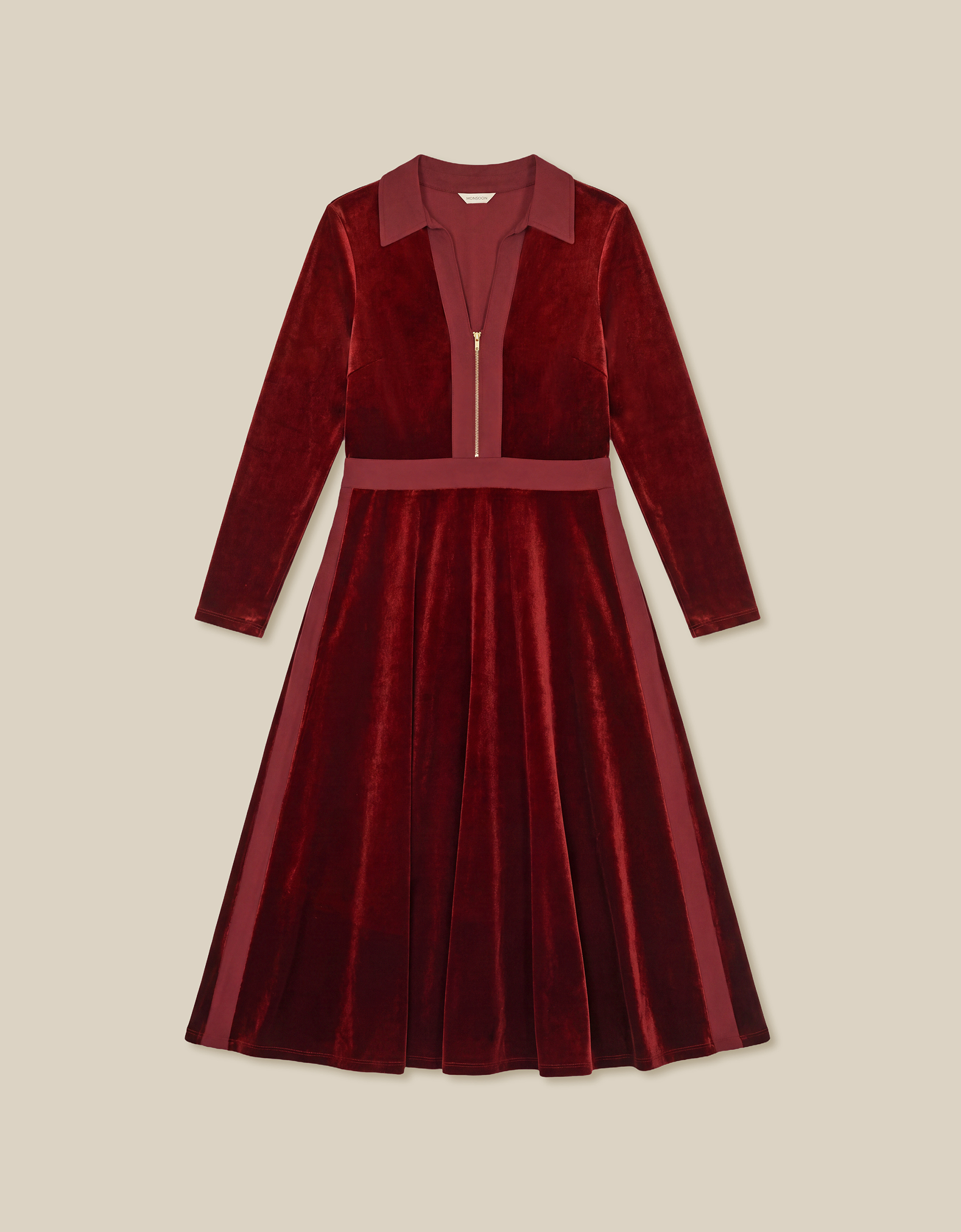 Monsoon Zeyna Zip Velvet Midi Dress Cinnamon, view 5