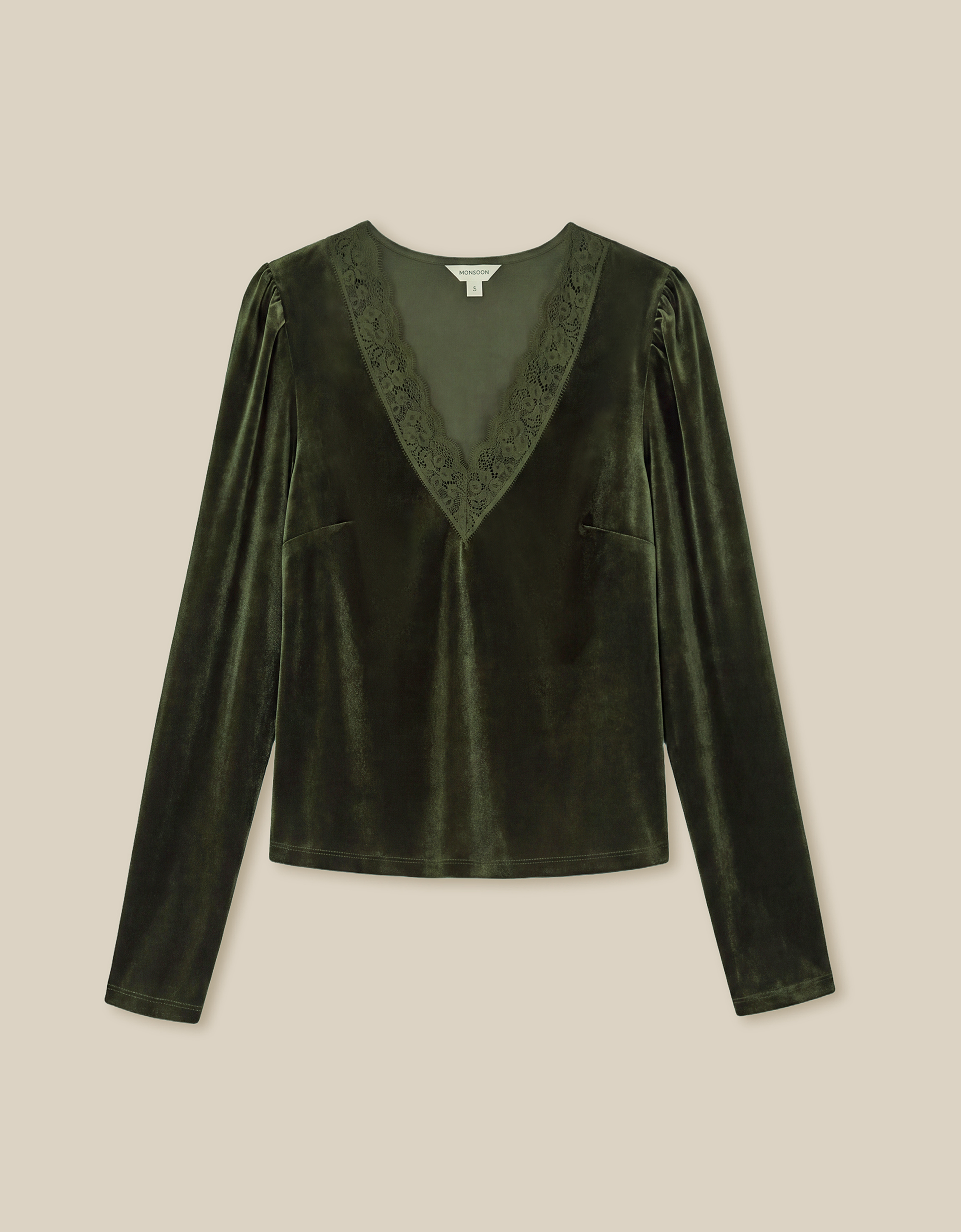 Monsoon Lexi Lace Trim Velvet Top in Green, view 5