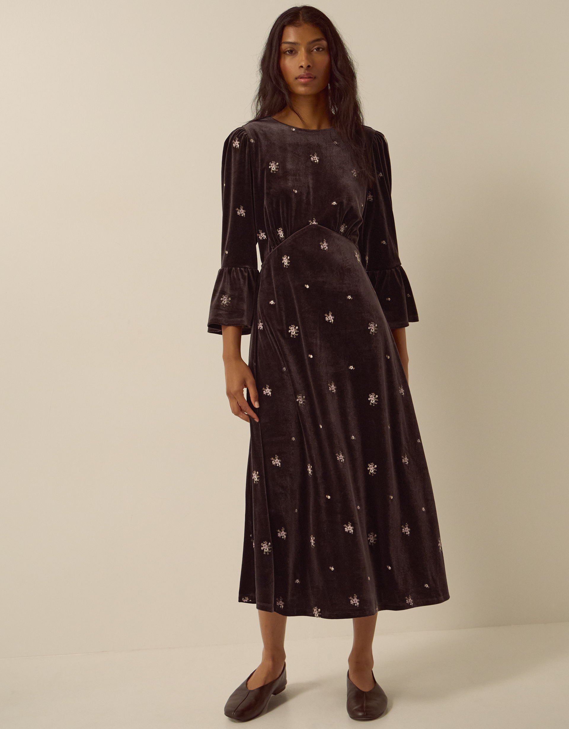 Monsoon Emilee Floral Embroidered Velvet Midi Dress