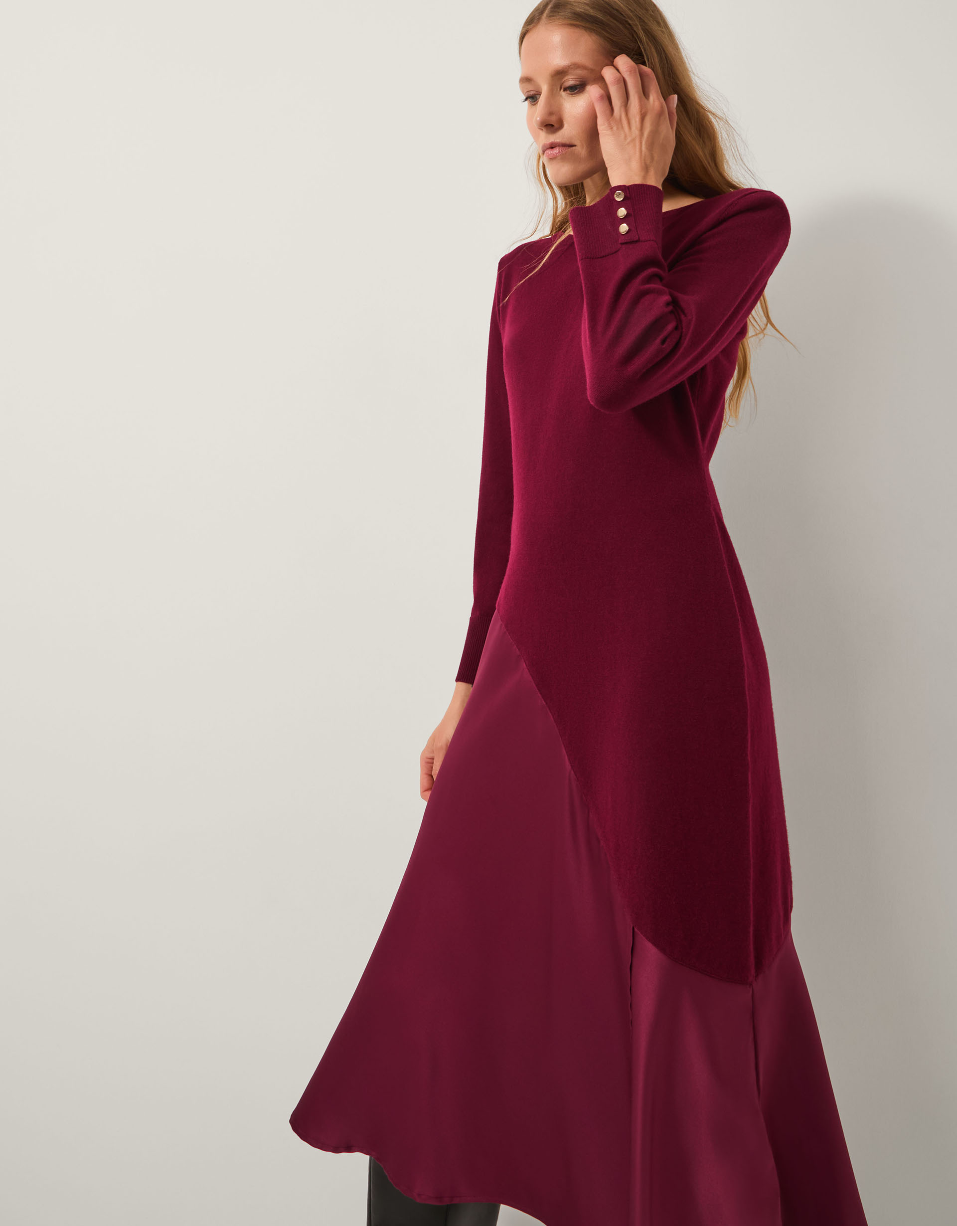 Monsoon Saz Asymmetrical Mix Satin Midi Dress Red
