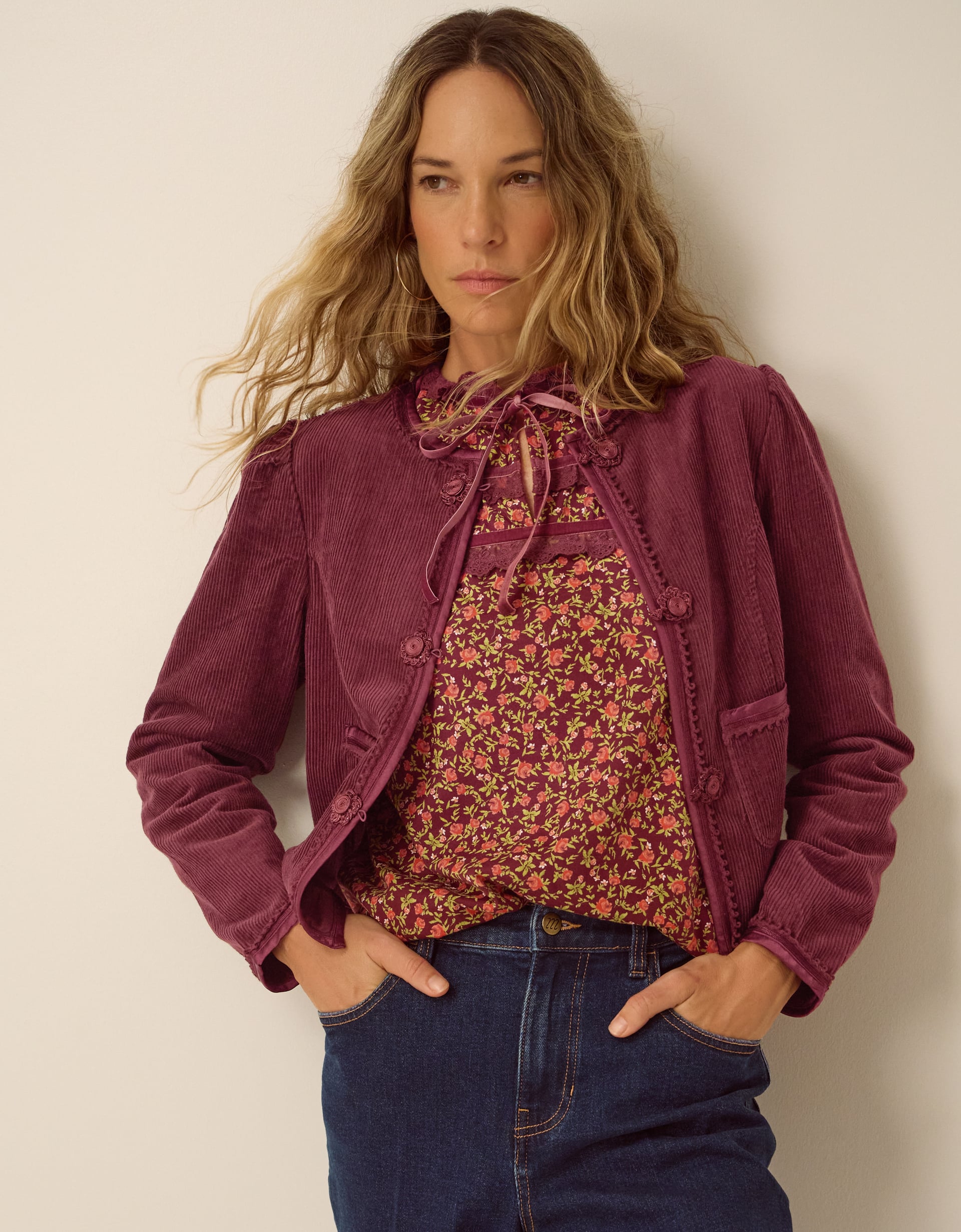 Monsoon Fay Flower Button Corduroy Jacket, view 2