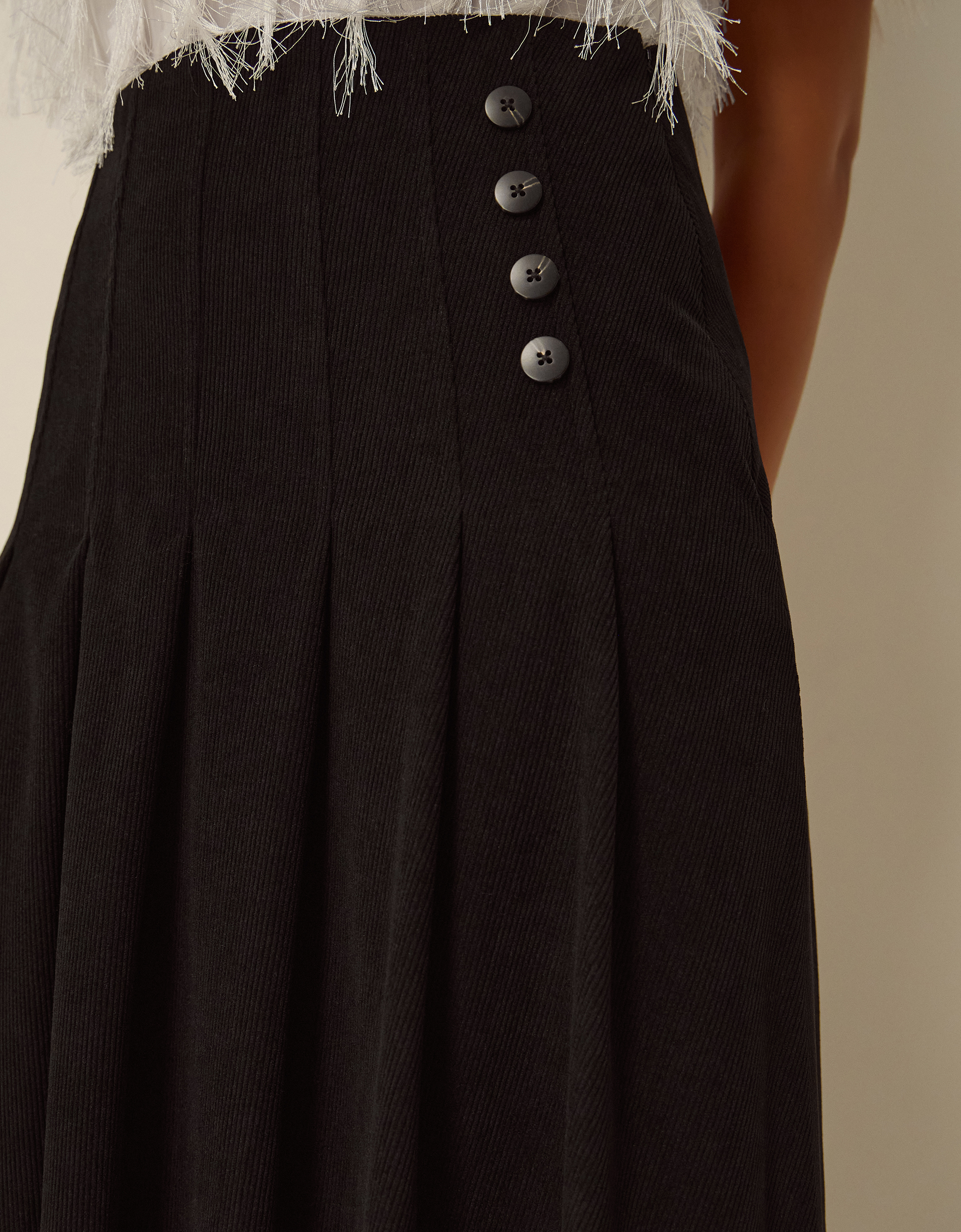 Monsoon Sonja Pleated Corduroy Midi Skirt in Black, view 2