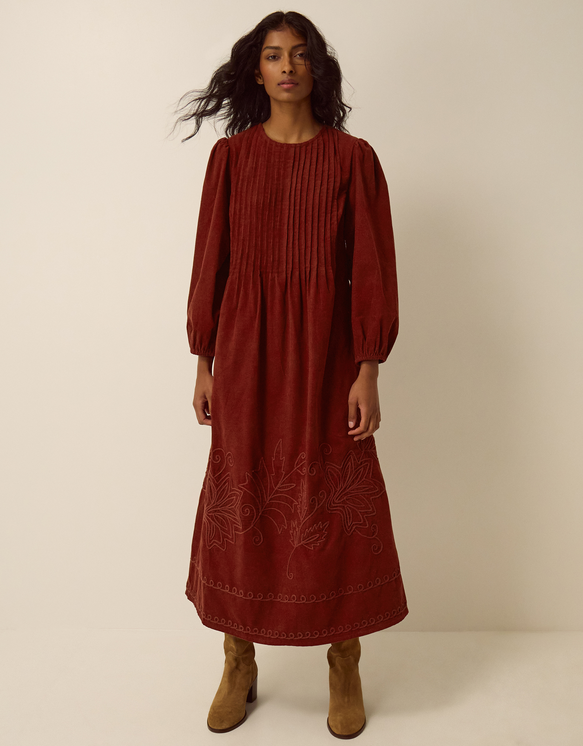 Monsoon Joyce Embroidered Corduroy Midi Dress