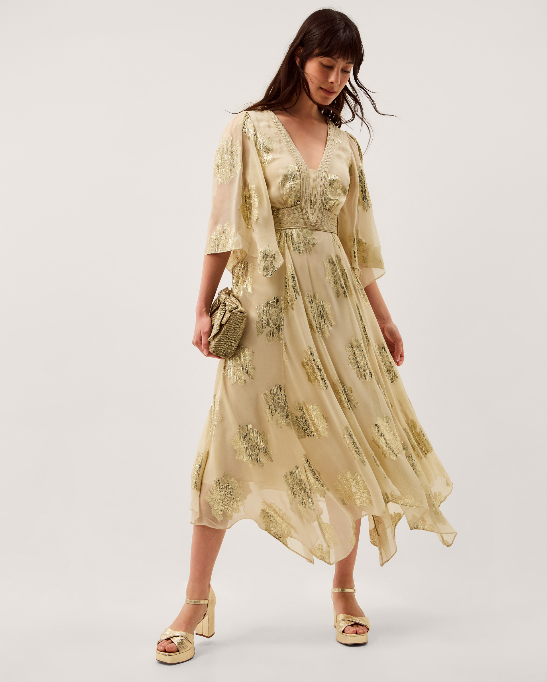 Monsoon Lydia V-Neck Shimmer Jacquard Midi Dress, view 5