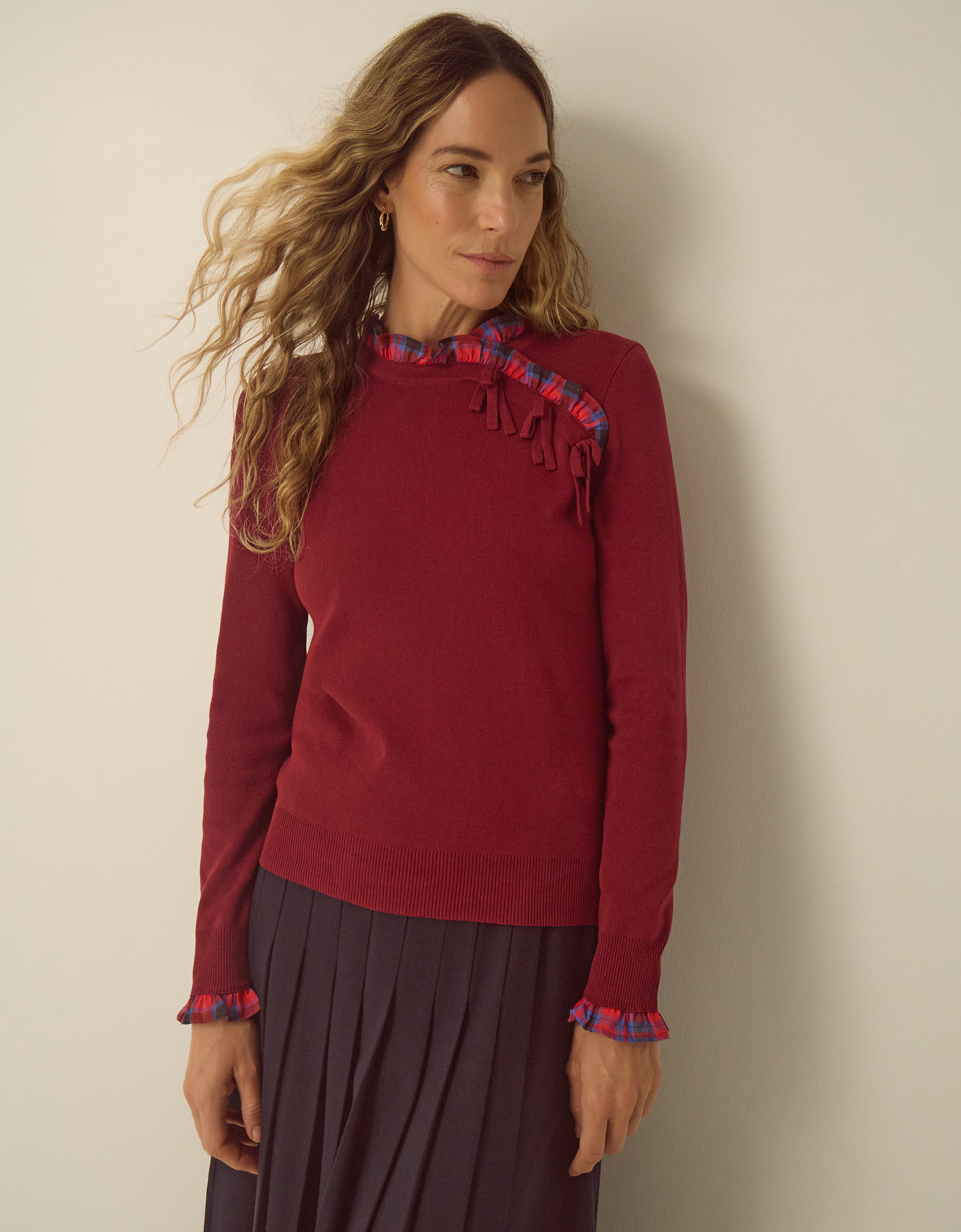 Monsoon Cleo Check Frill Jumper in red