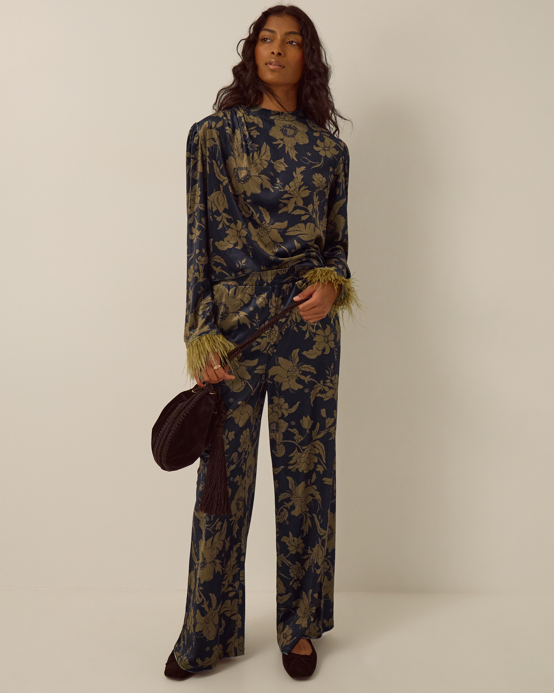Monsoon Princella Faux Feather Sleeve Floral Velvet Top, view 4