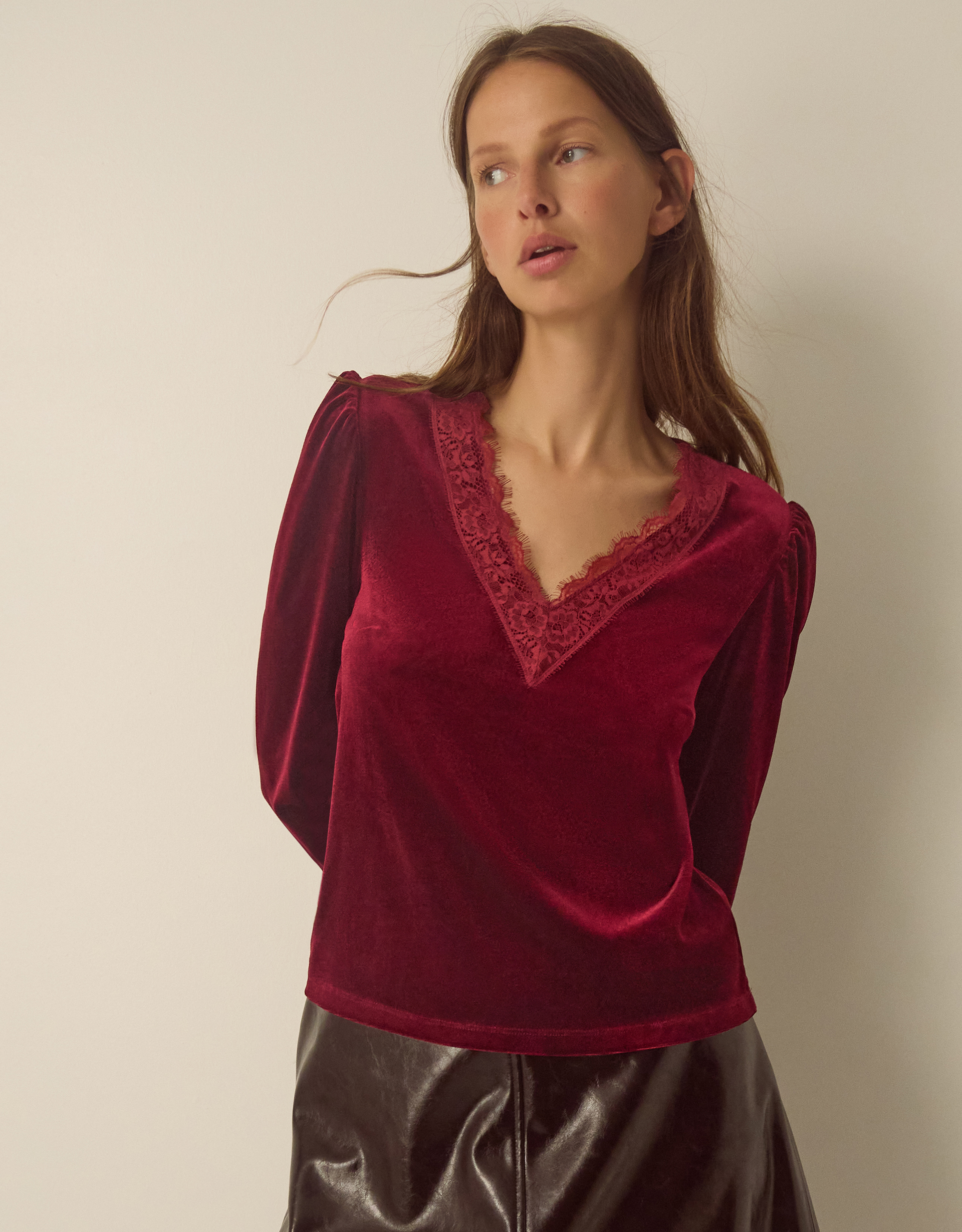 Monsoon Lexi Lace Trim Velvet Top in Red
