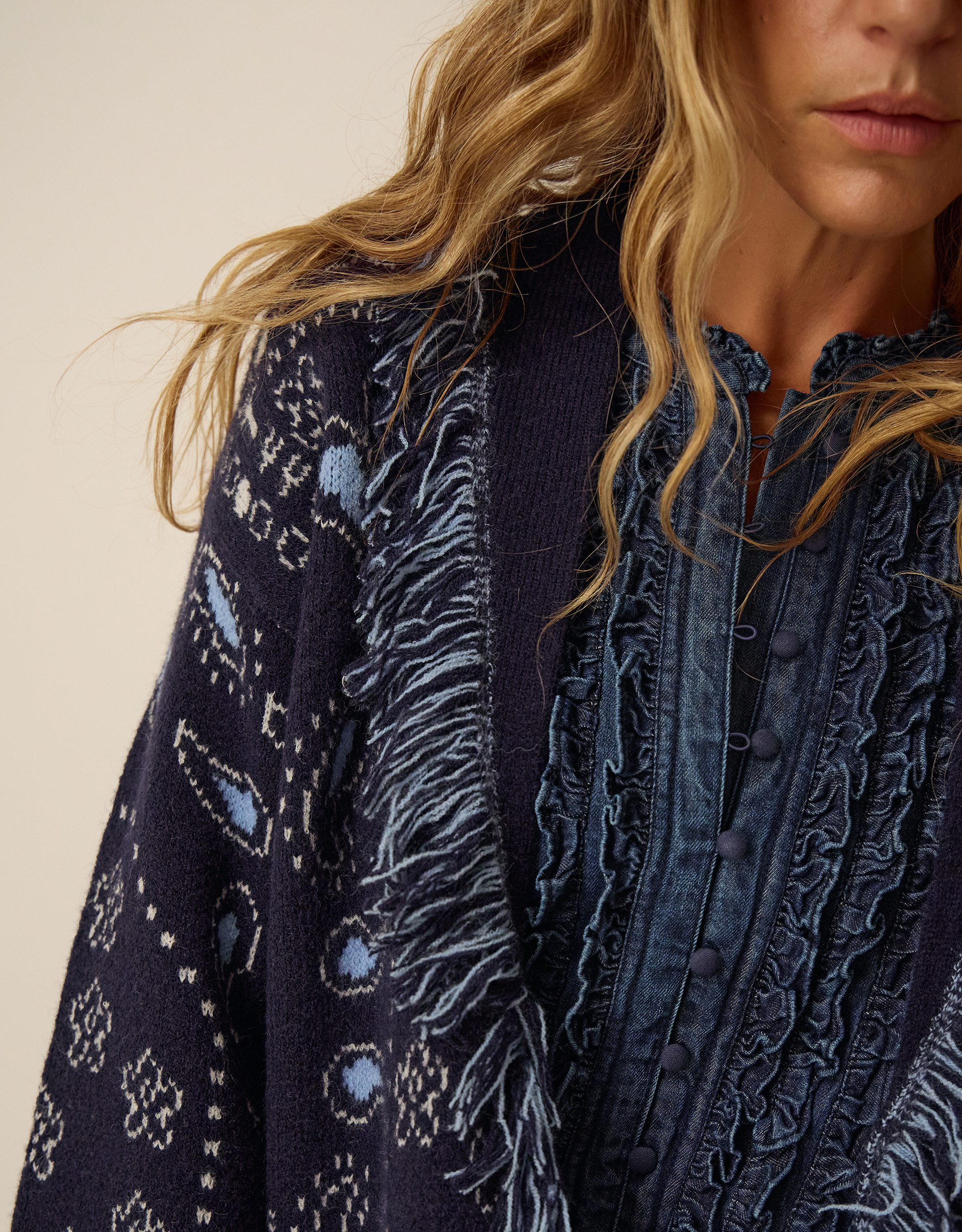 Monsoon Payton Paisley Fringe Cardigan Blue, view 2