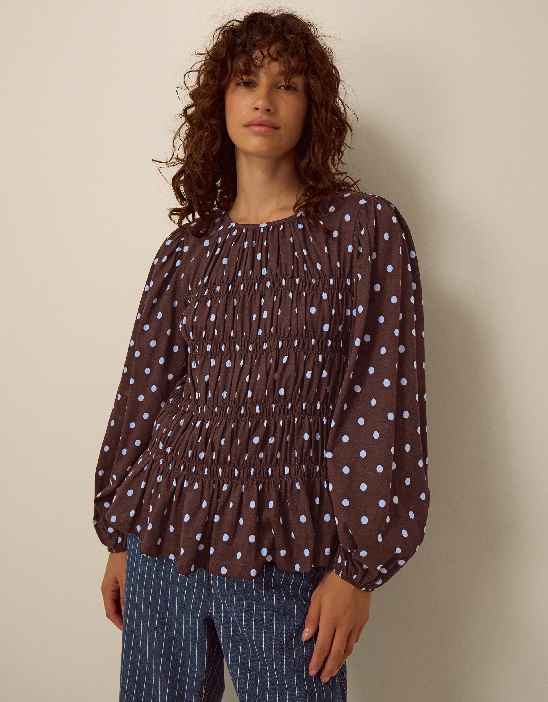 Monsoon Shae Smocked Polka Dot Jersey Top