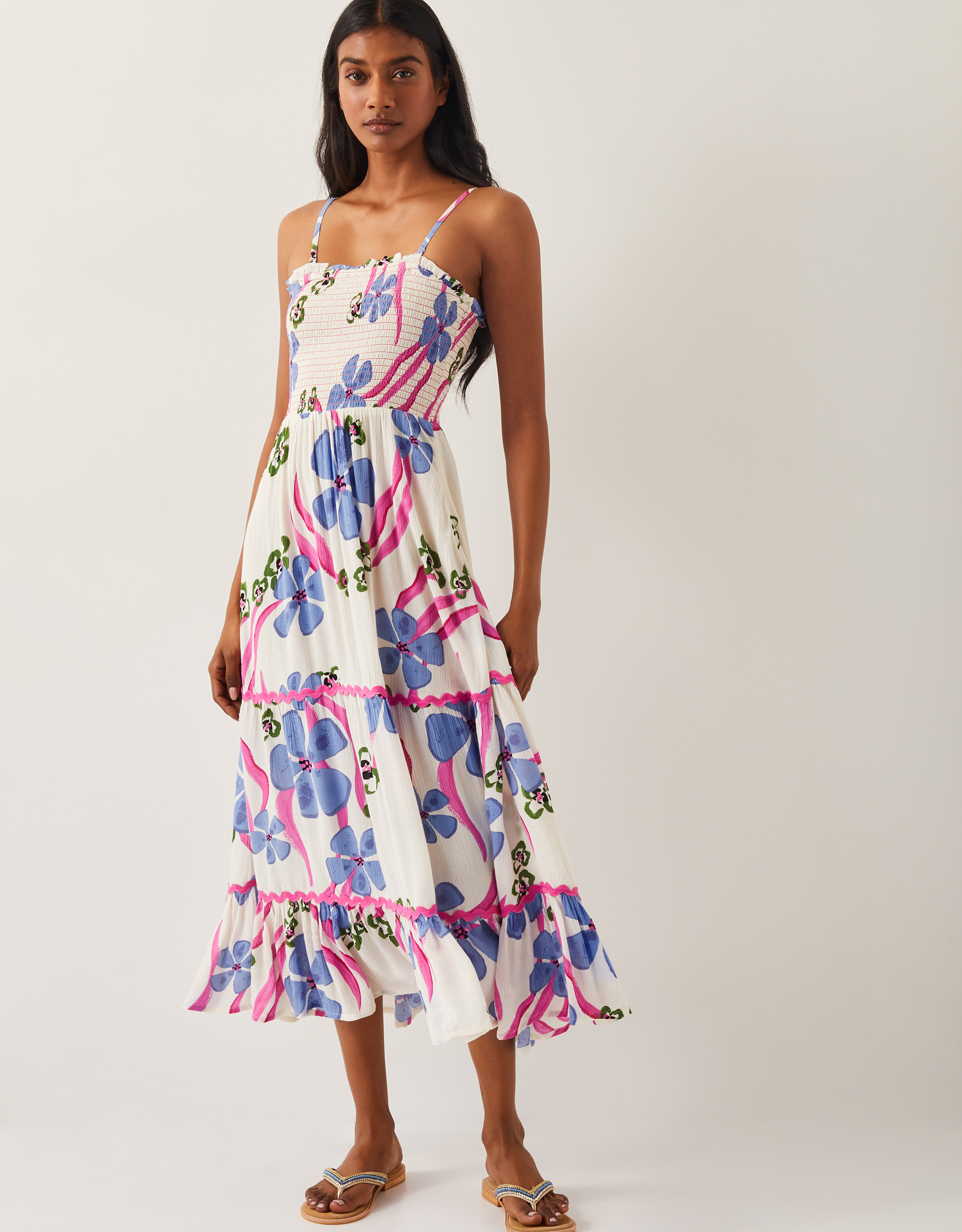 Monsoon Fiona Floral Bandeau Midi Dress Ivory