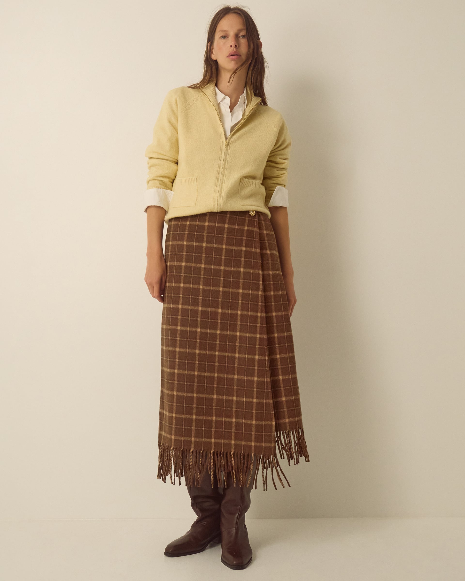 Monsoon Celeste Check Fringe Midi Skirt in brown