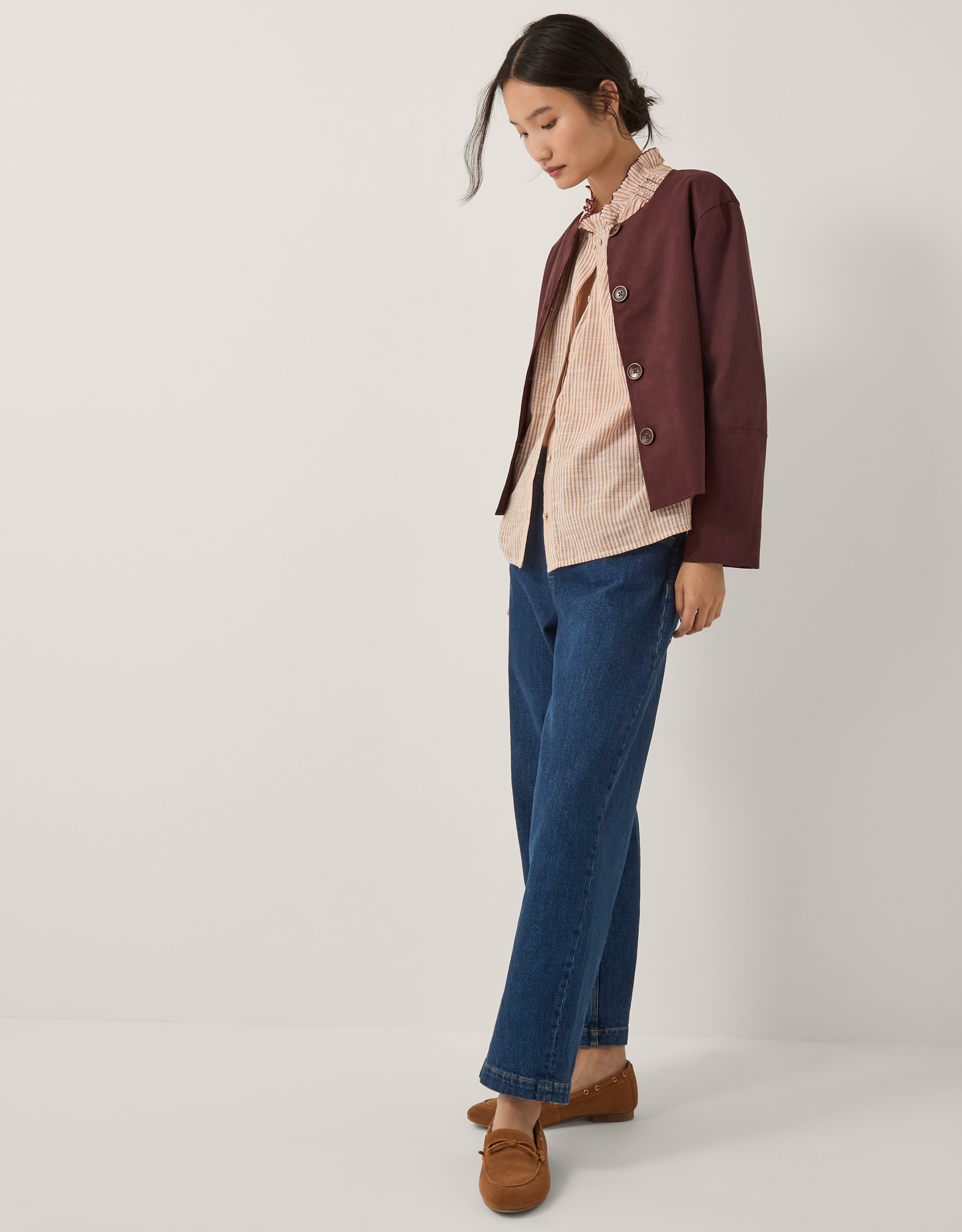 Monsoon Maeve Ruffle Stripe Shirt in Camel, view 4
