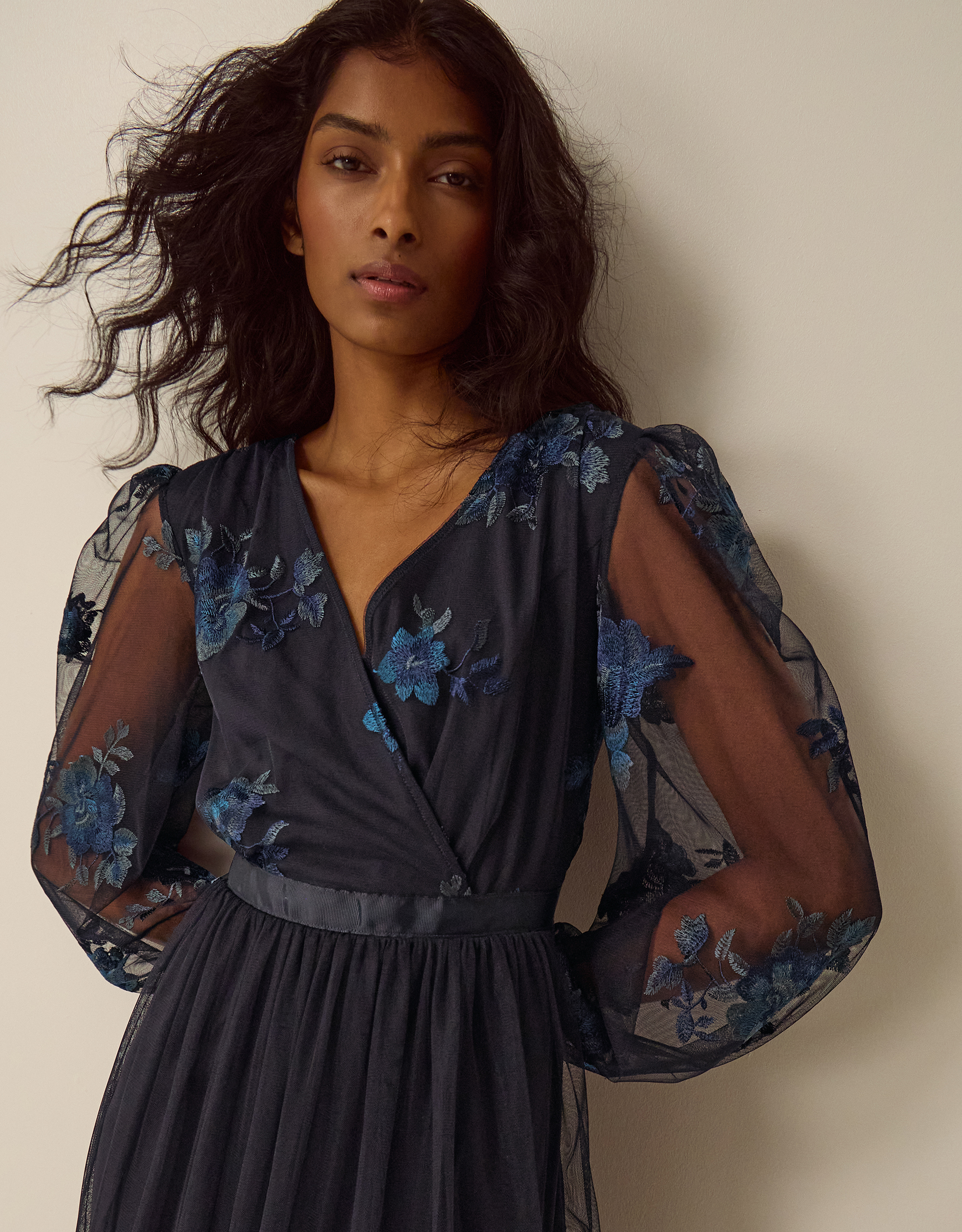 Monsoon Charlotte Floral Embroidered Mesh Midi Dress