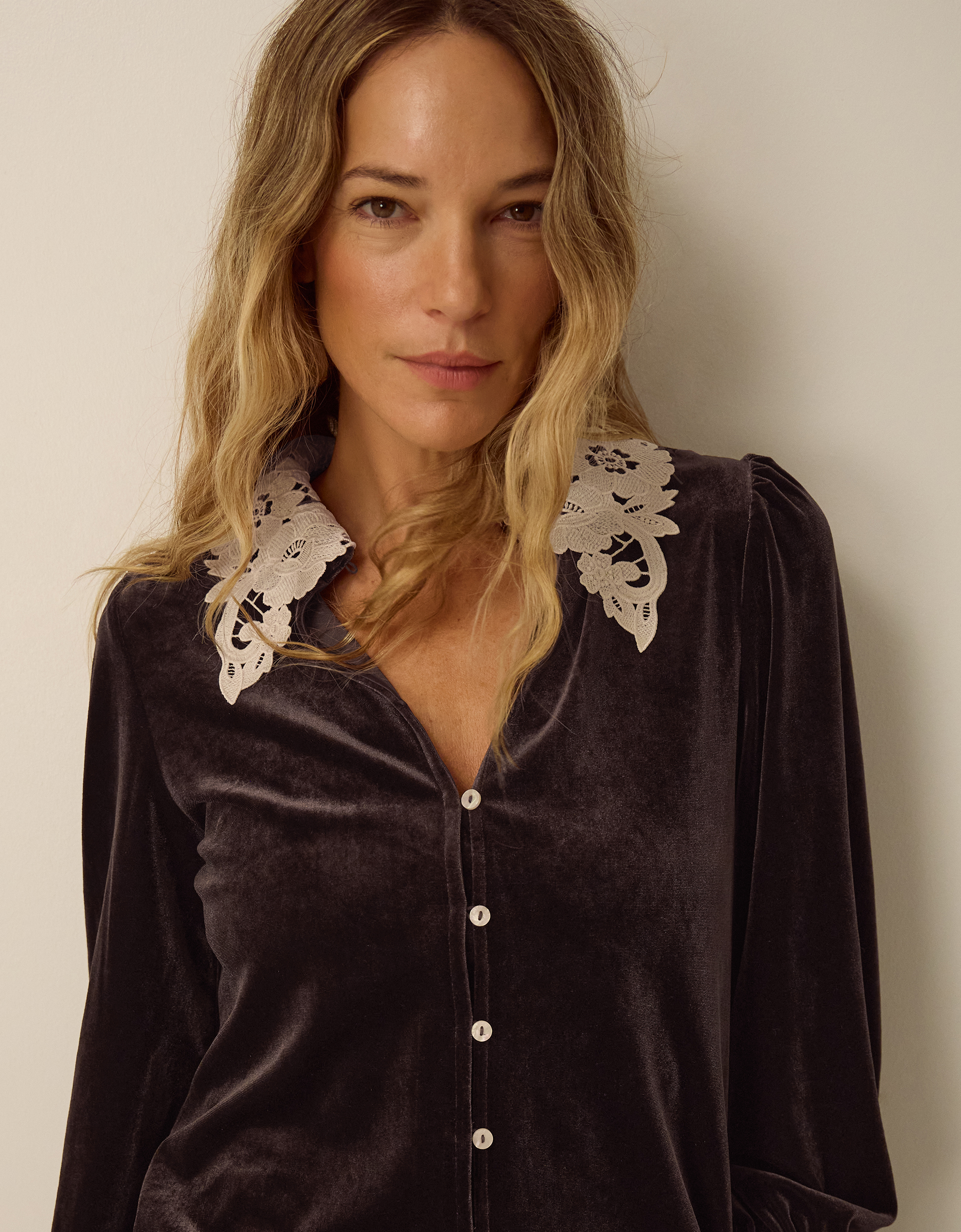 Monsoon Leith Lace Collar Velvet Shirt, view 2