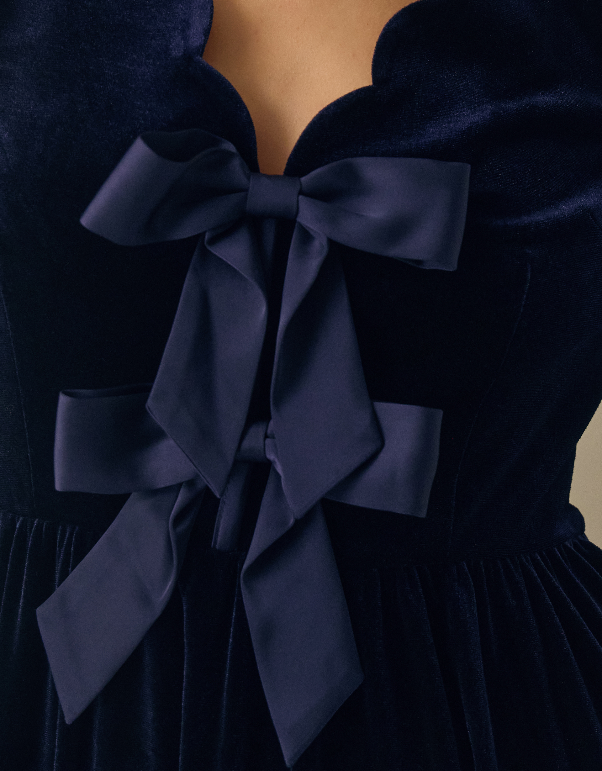 Monsoon Britney V-Neck Bow Velvet Midi Dress Blue, view 4