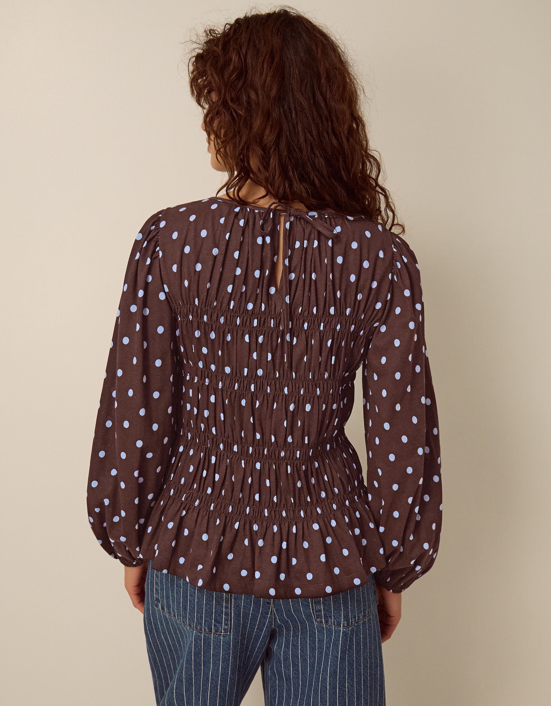Monsoon Shae Smocked Polka Dot Jersey Top, view 3