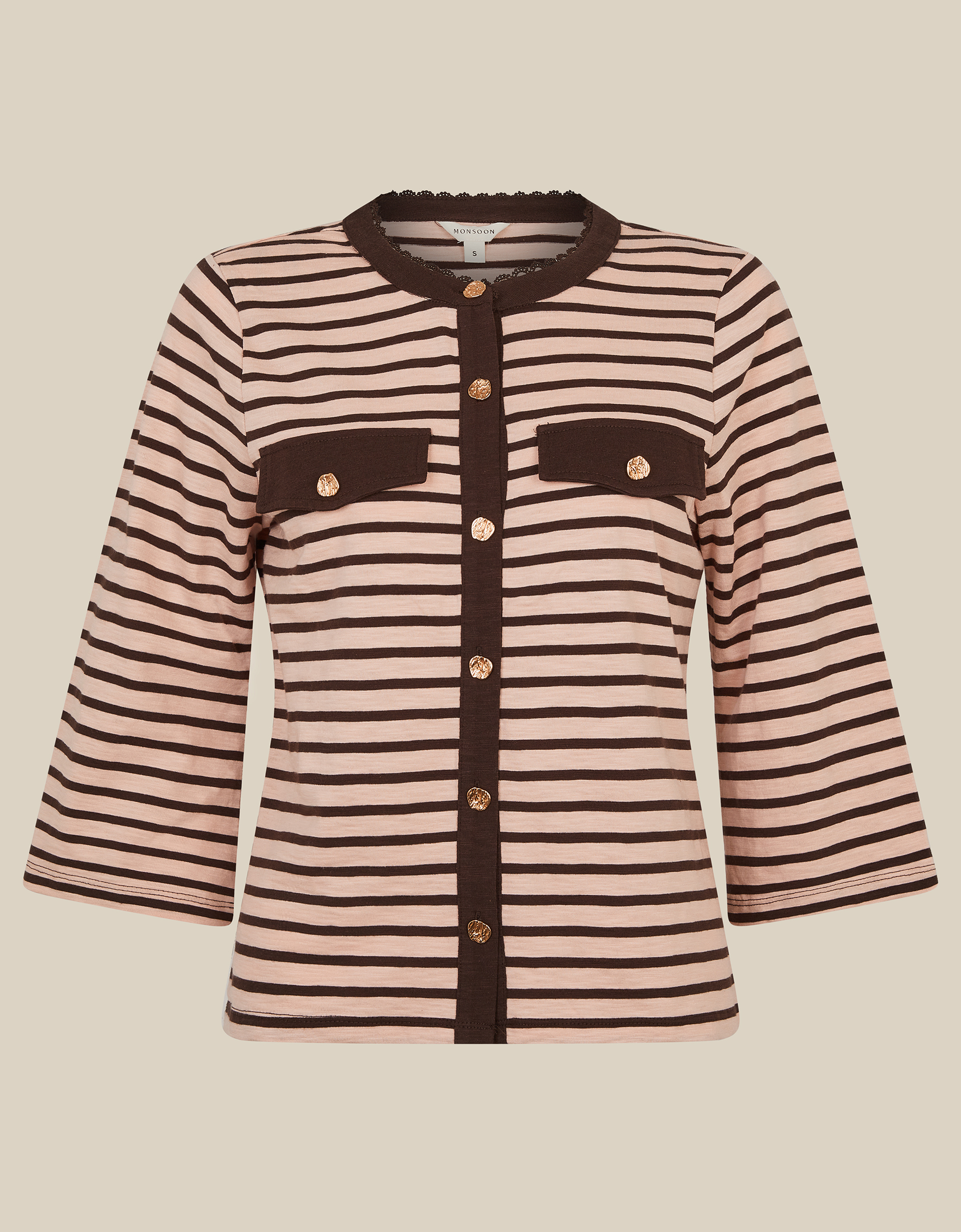 Monsoon Shania Stripe Jersey Buttondown Top in Pink, view 5