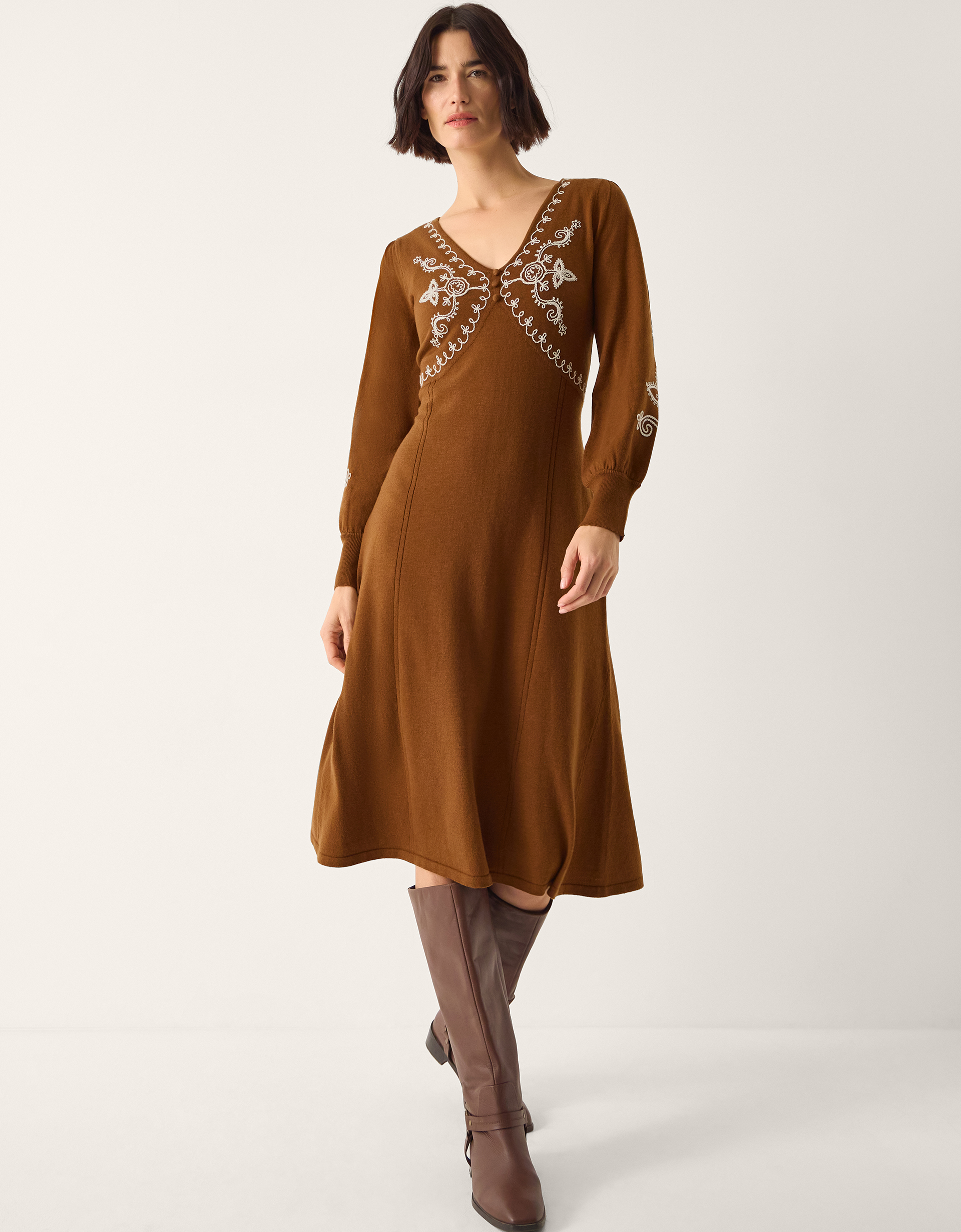 Monsoon Cleo V-Neck Embroidered Knit Midi Dress, view 5