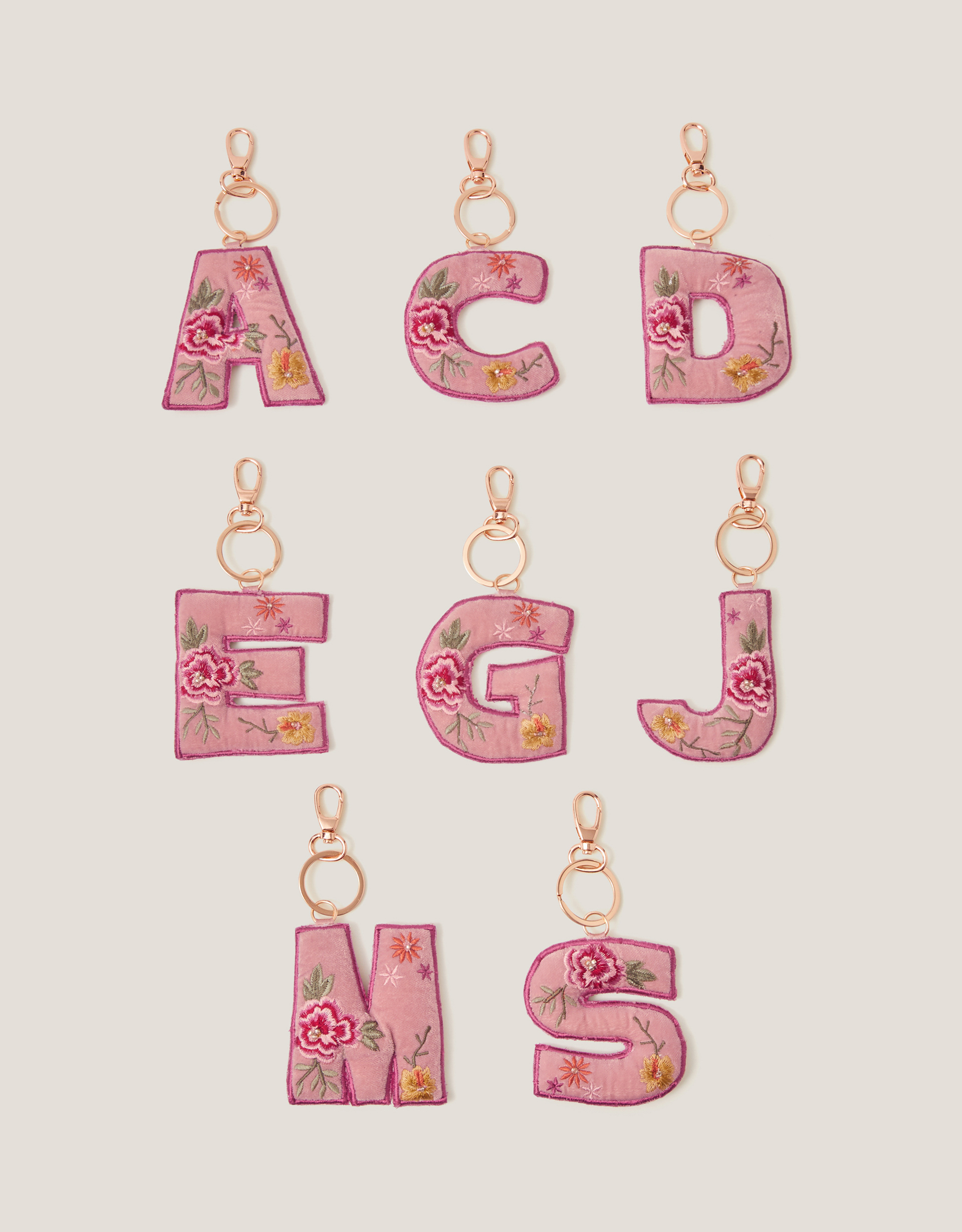 Monsoon Floral Embroidered Initial Keyring in Pink, view 4