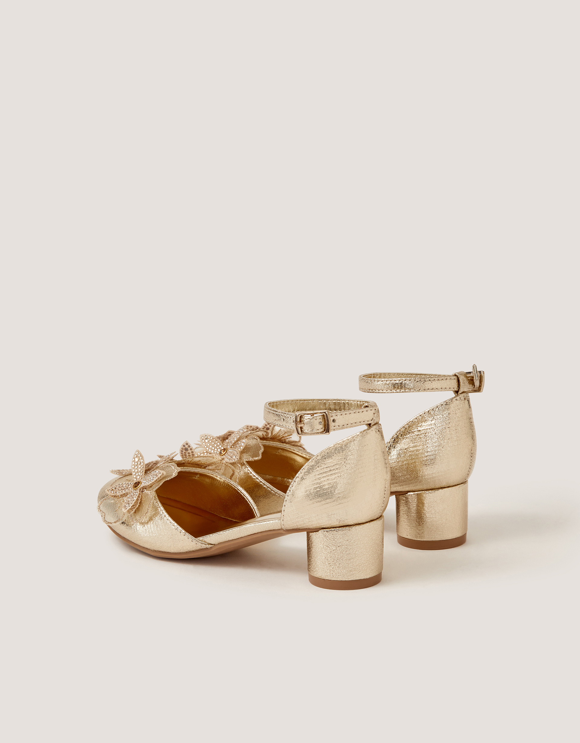 Monsoon Closed-Toe Diamanté Flower Heels in Gold, view 3