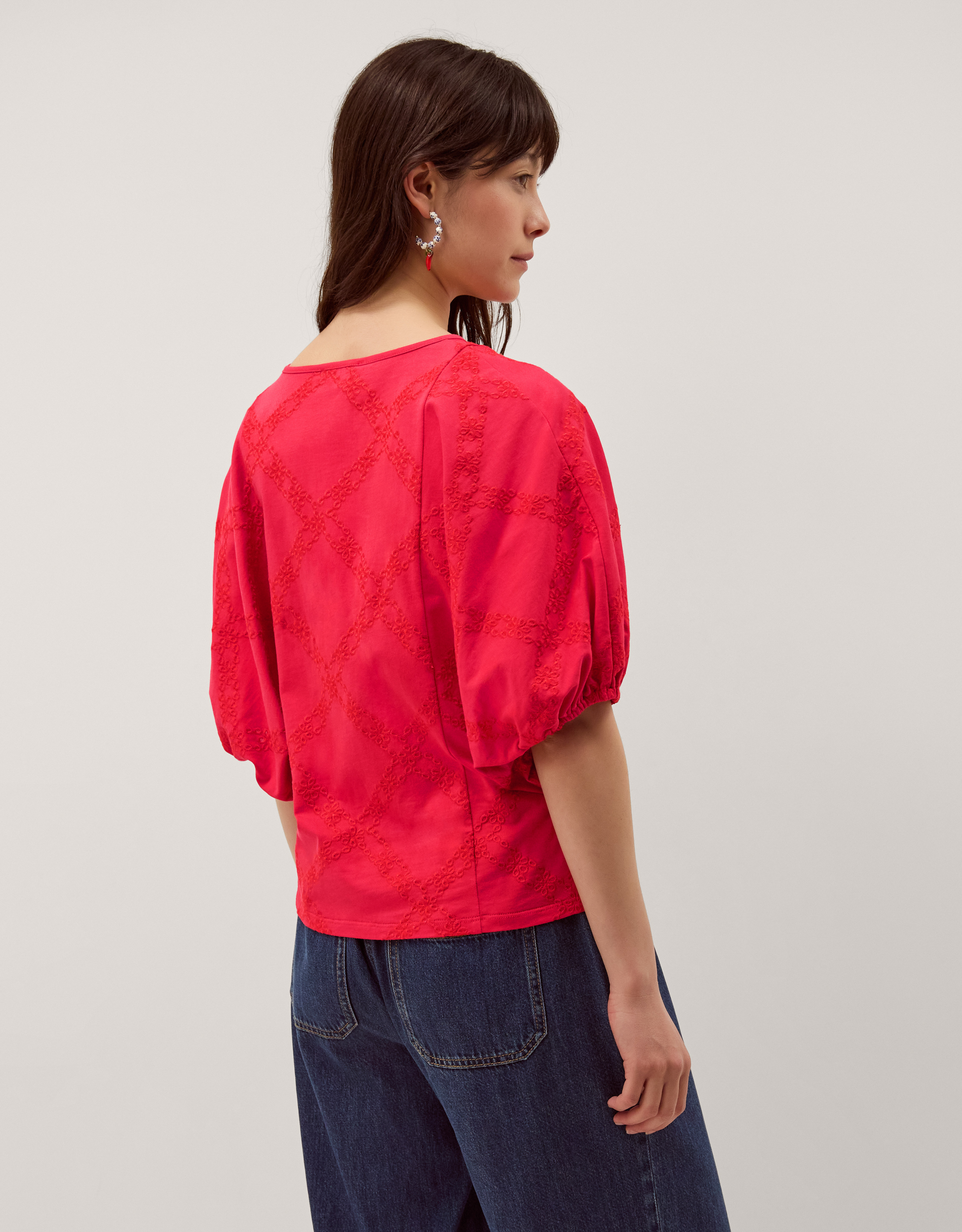 Monsoon Ellie Puff Sleeve Embroidered Jersey Top in Red, view 3