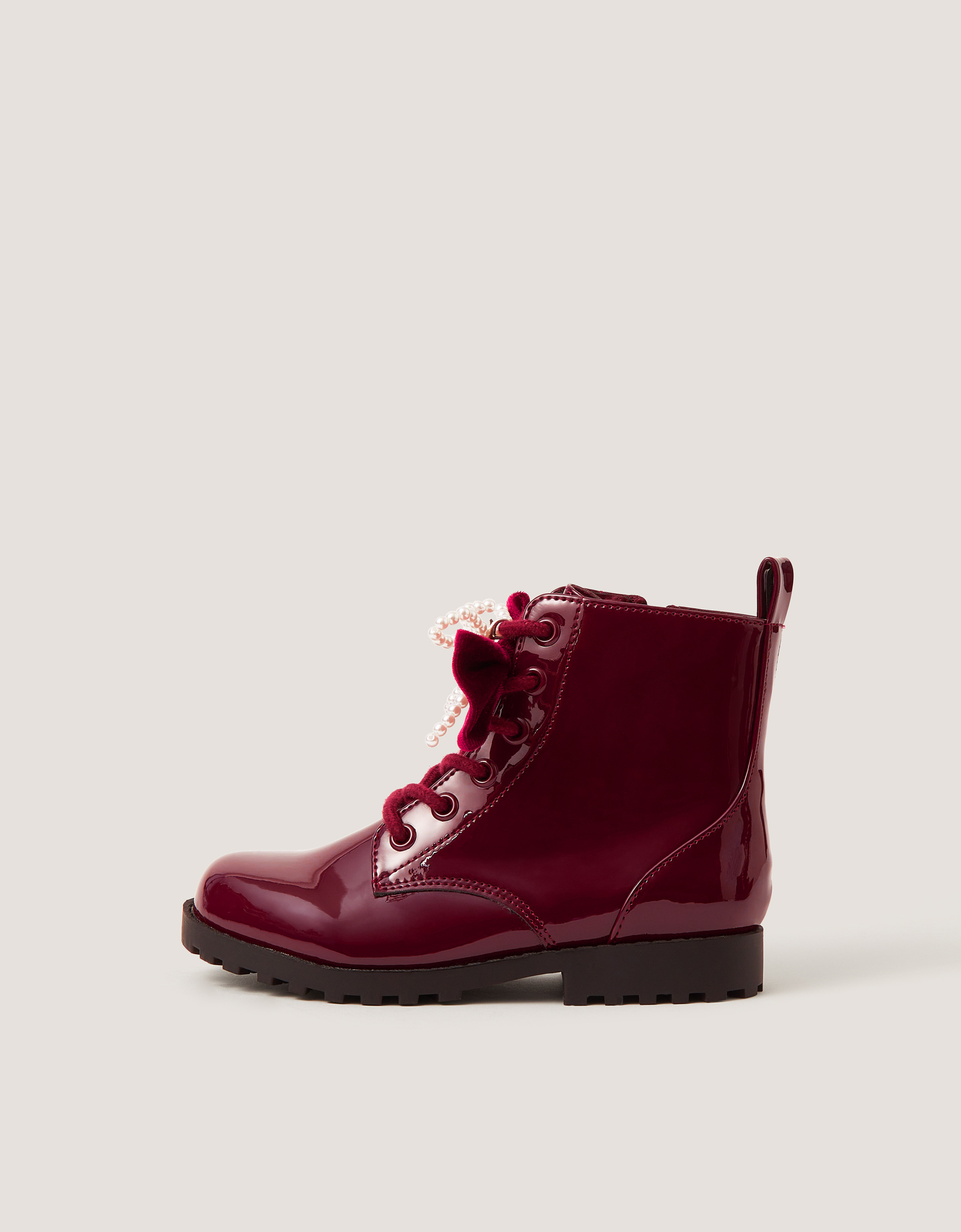 Monsoon Bow Patent Lace-Up Boots in Red, view 2