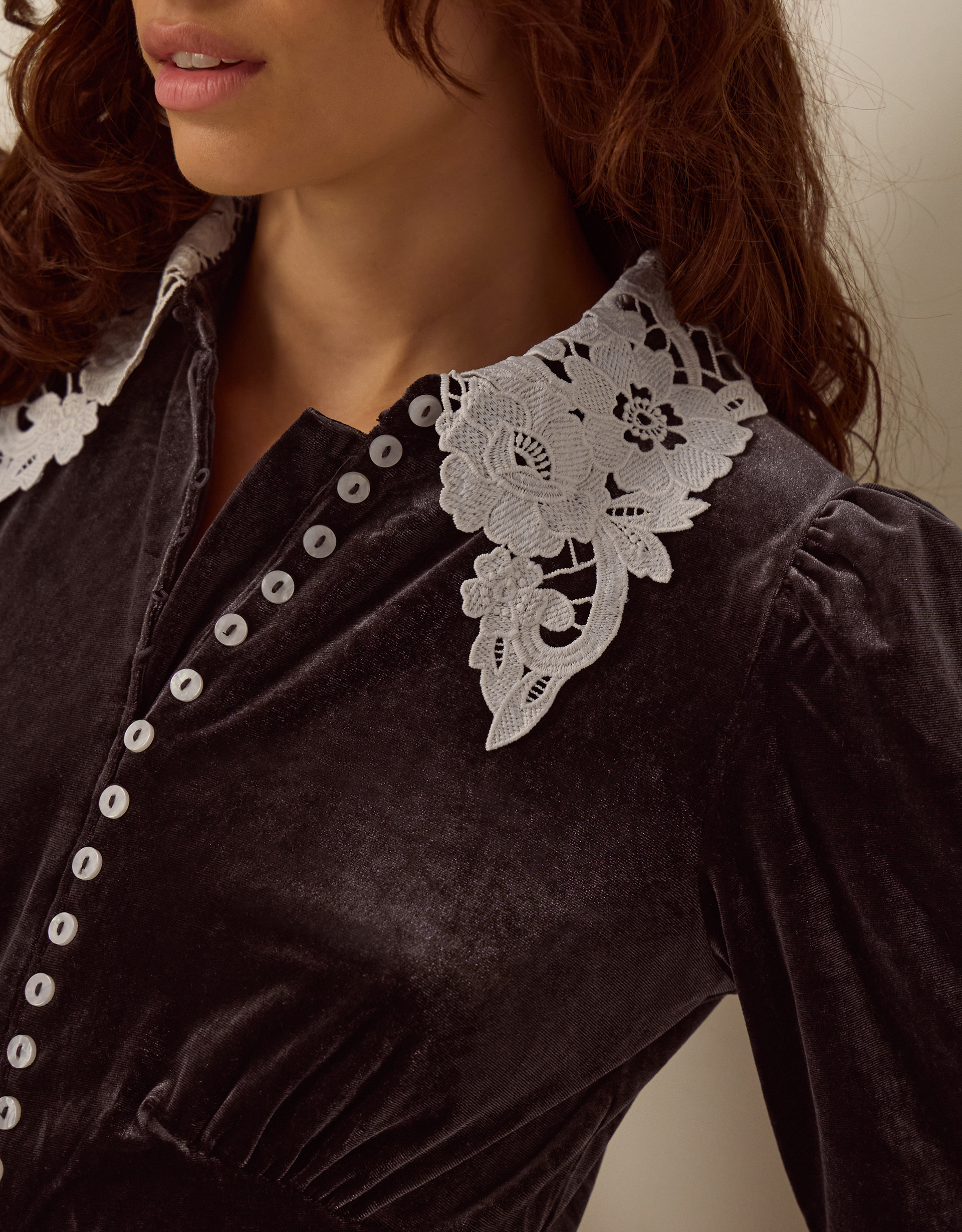 Monsoon Leith Lace Collar Velvet Midi Dress, view 2