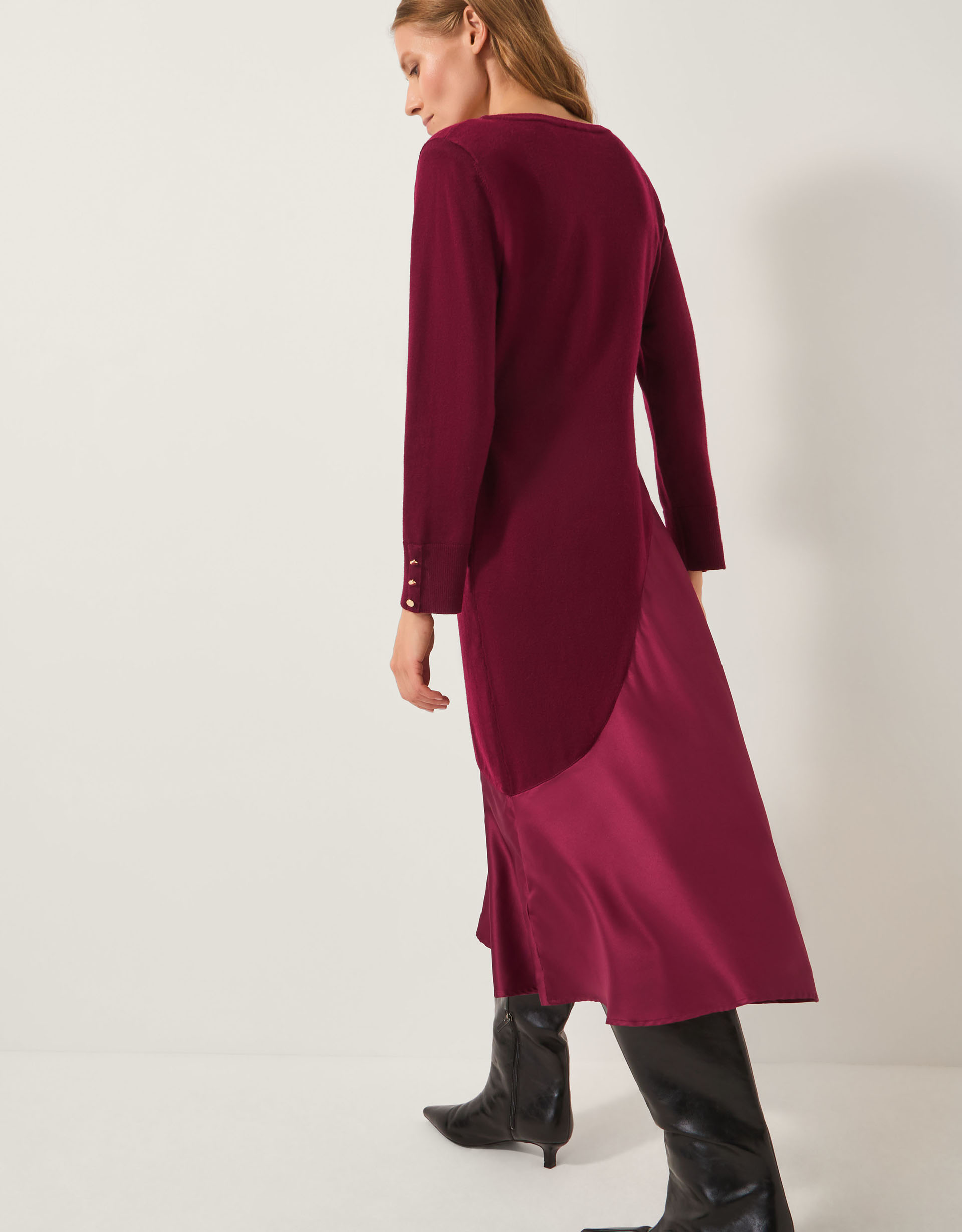 Monsoon Saz Asymmetrical Mix Satin Midi Dress Red, view 3