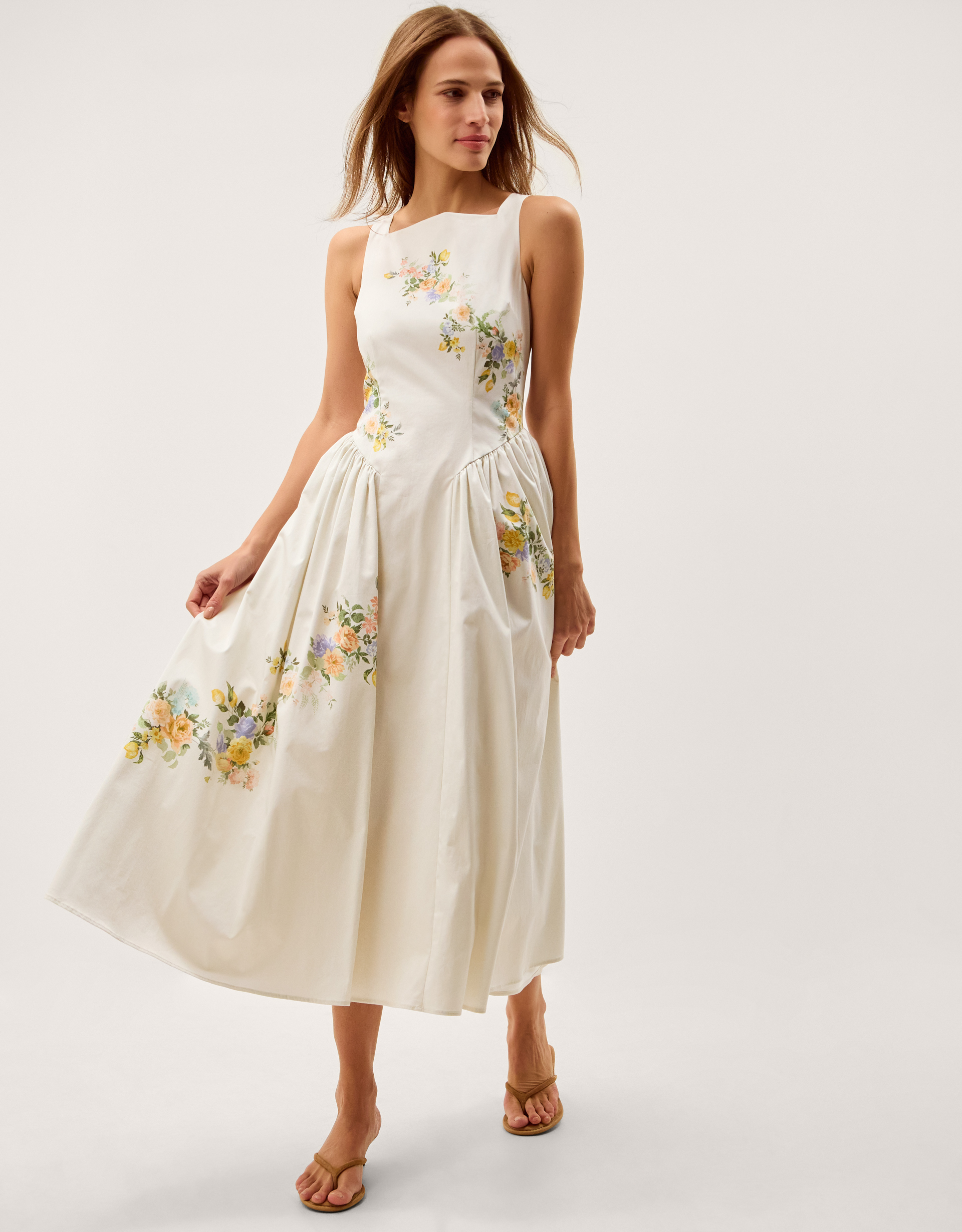 Monsoon Cindy Floral Print Fit & Flare Midi Dress in ivory