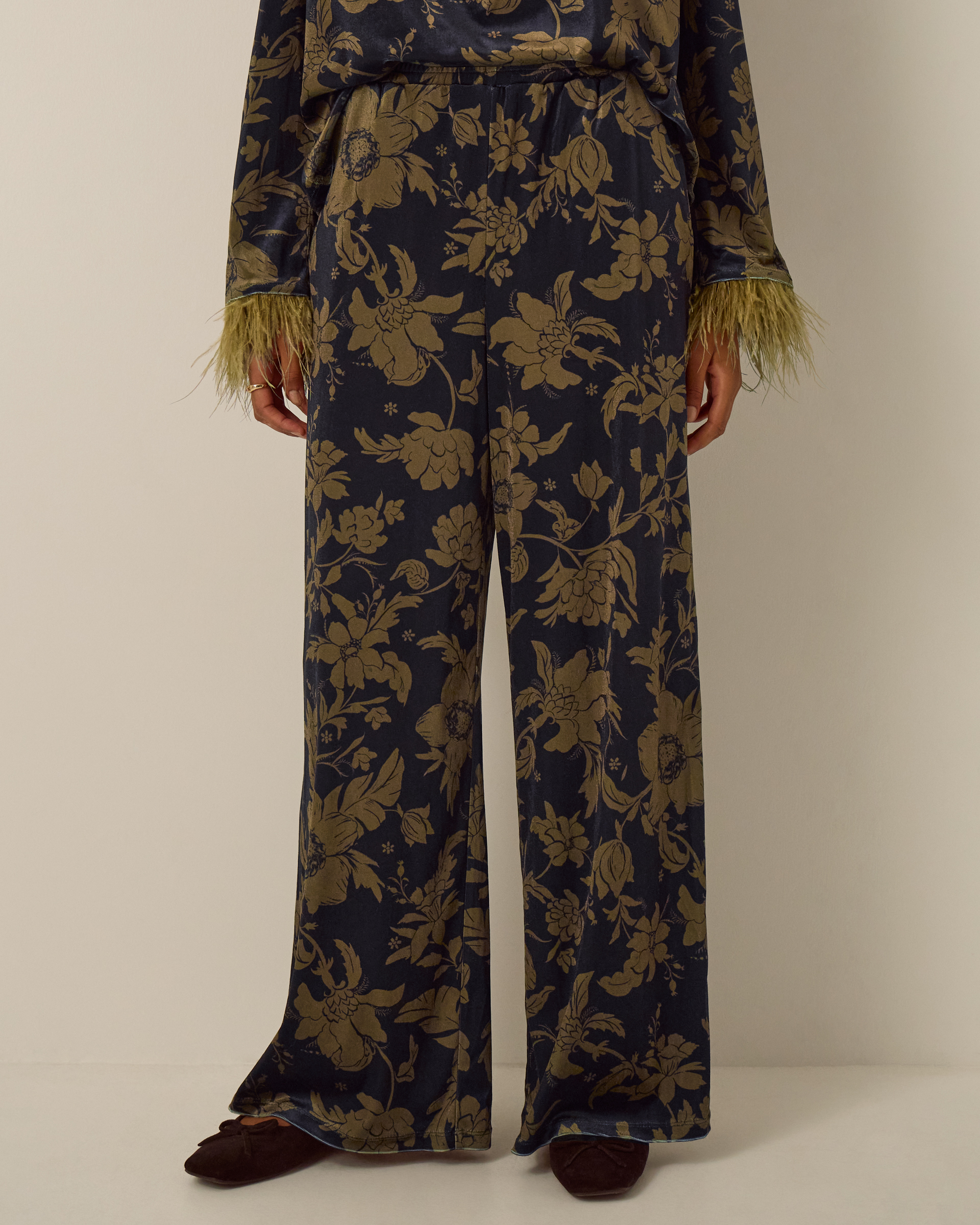 Monsoon Princella High Waisted Floral Velvet Wide Leg Trousers, view 4