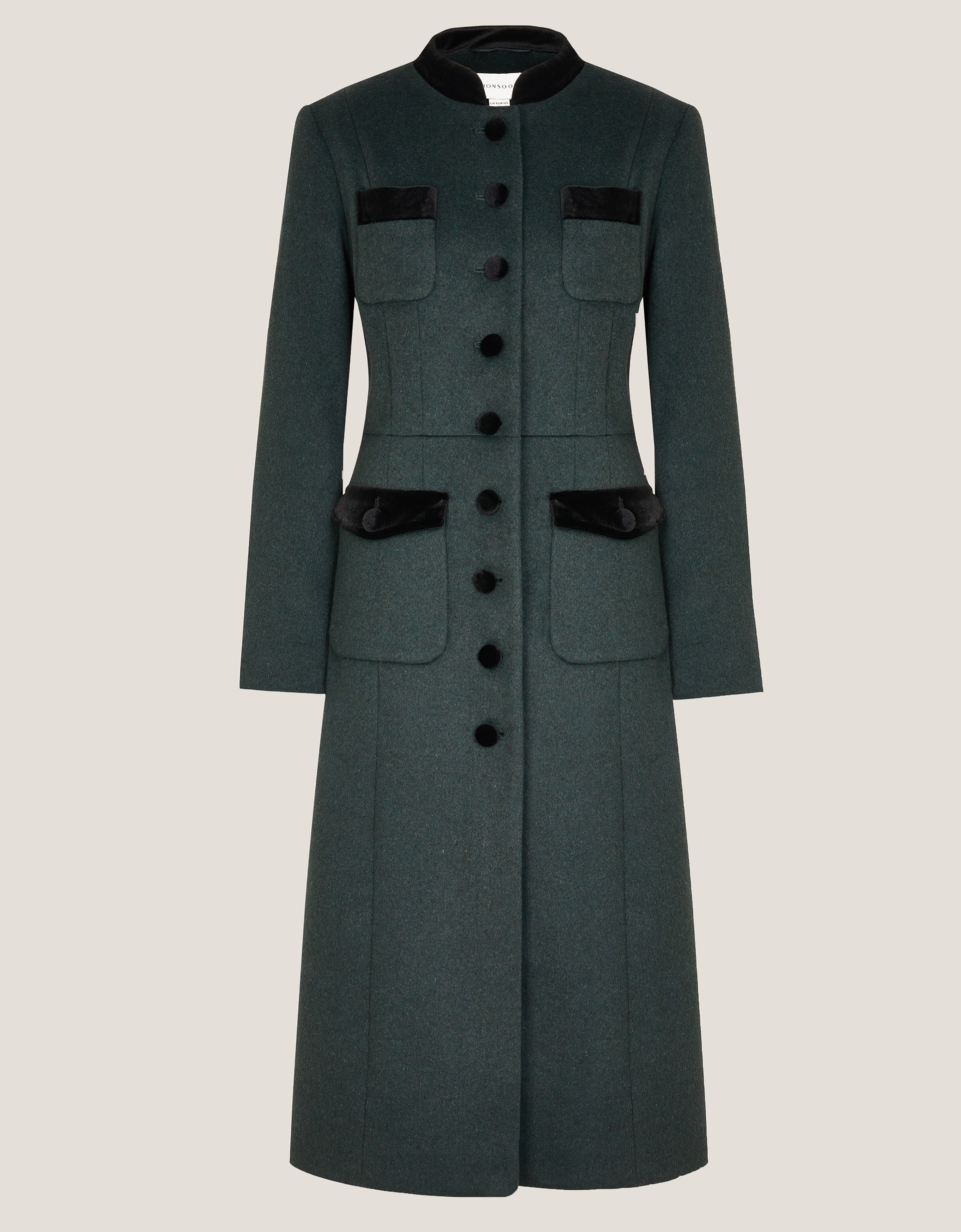 Monsoon Viv Velvet Trim Military Coat in Green, view 5