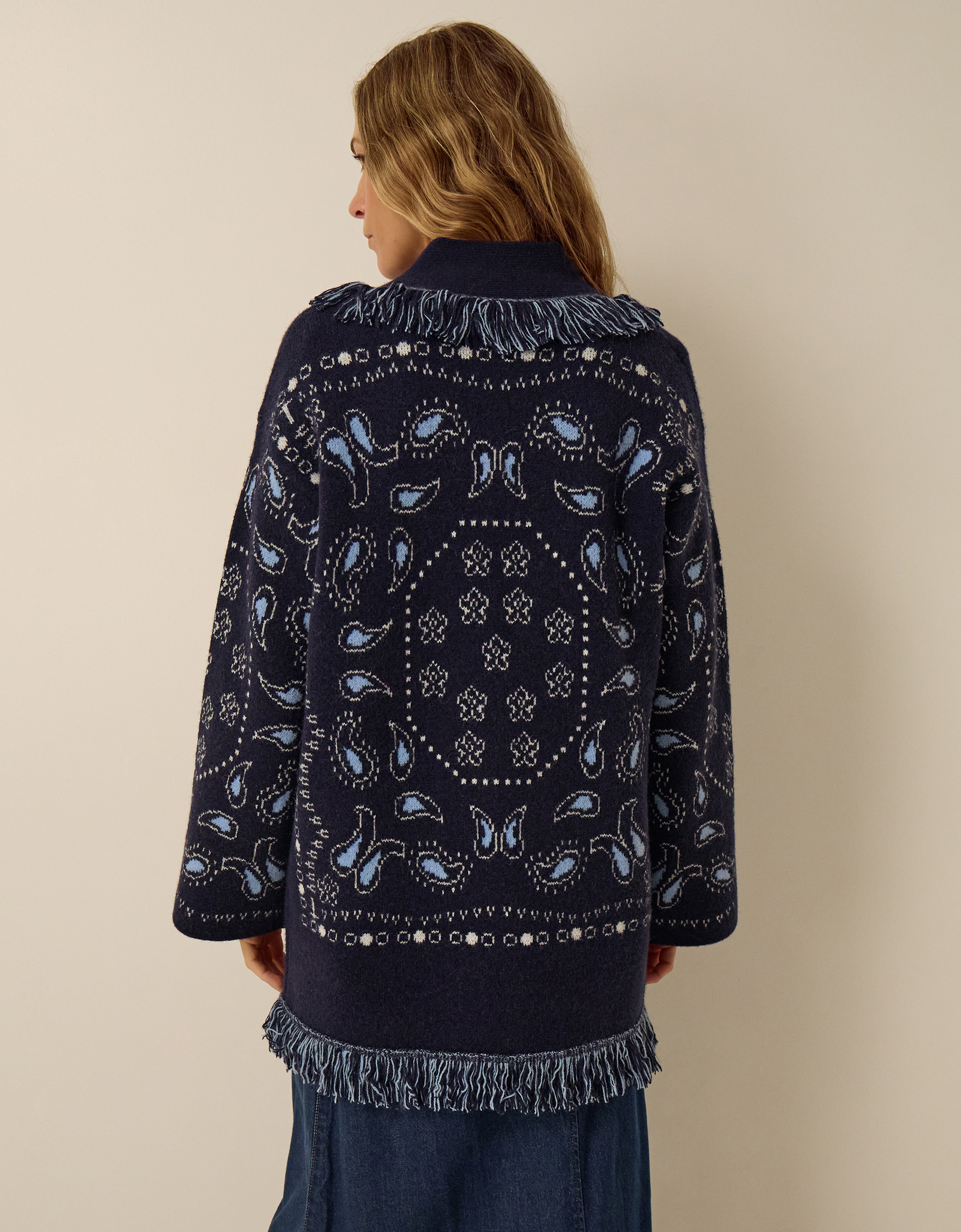 Monsoon Payton Paisley Fringe Cardigan Blue, view 3
