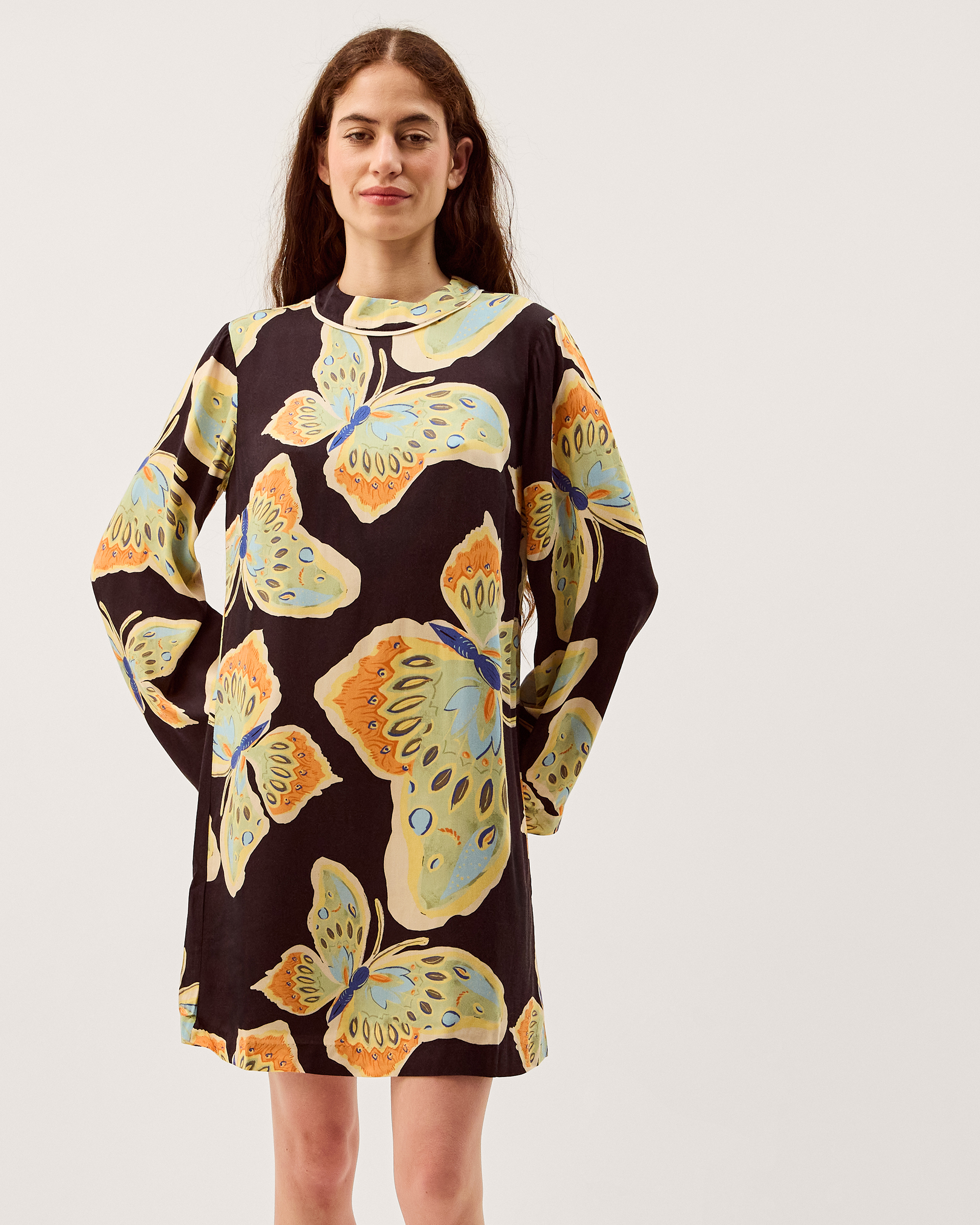 Monsoon Clemence Women's Black & Green Butterfly Motif Aurelie Mini Tunic Dress, view 3