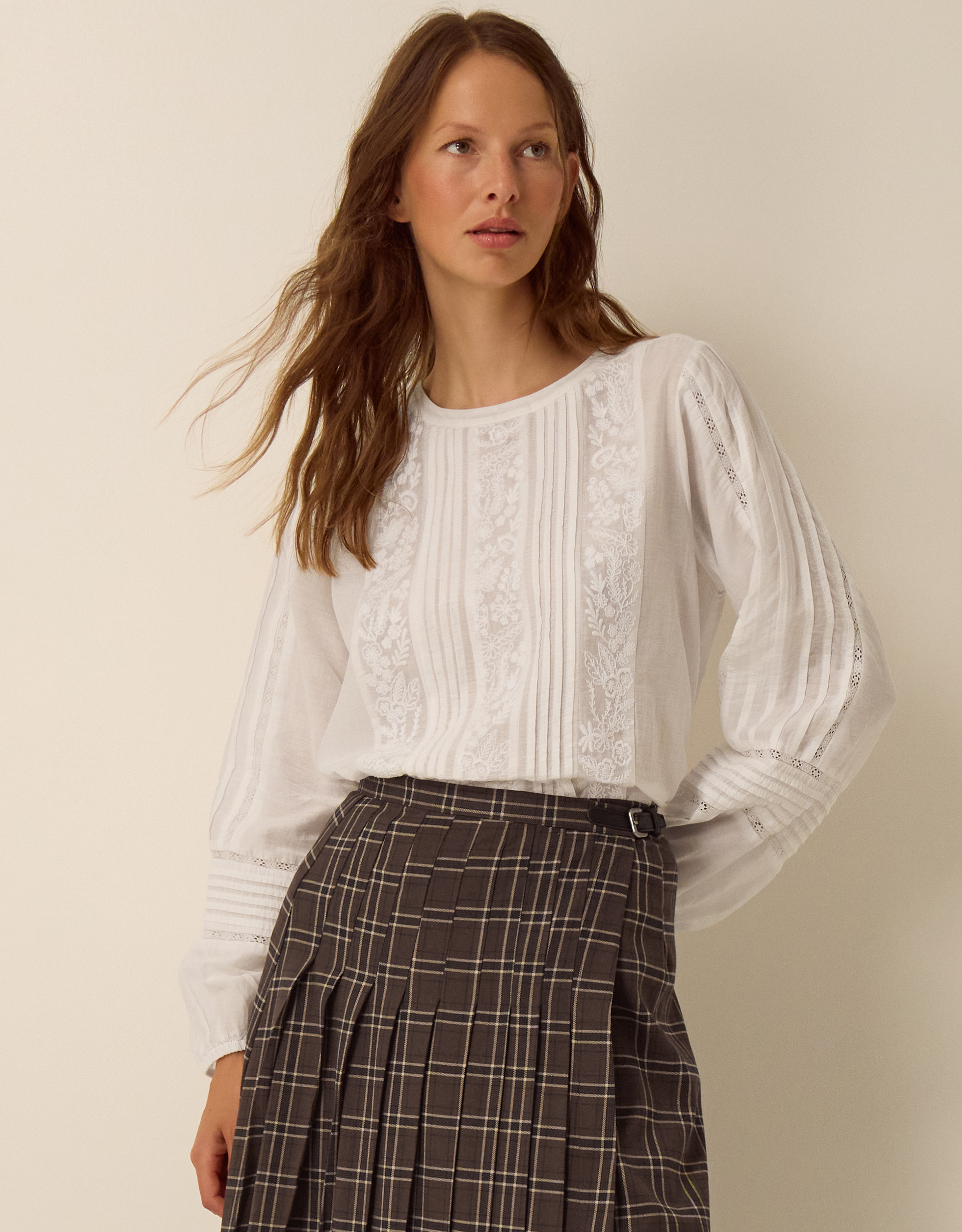 Monsoon Vita Floral Embroidered Pintuck Top