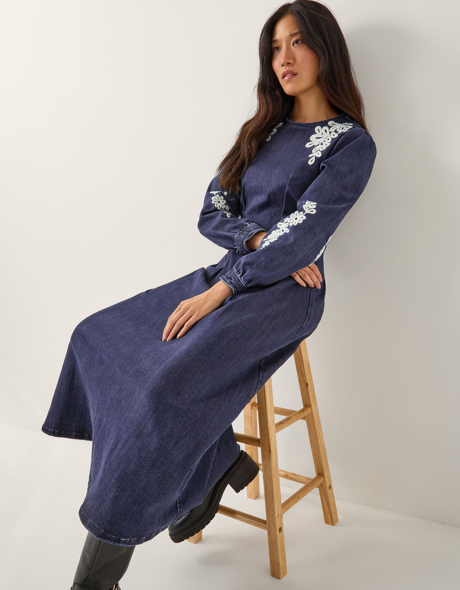 Monsoon Eileen Embroidered Denim Midi Dress
