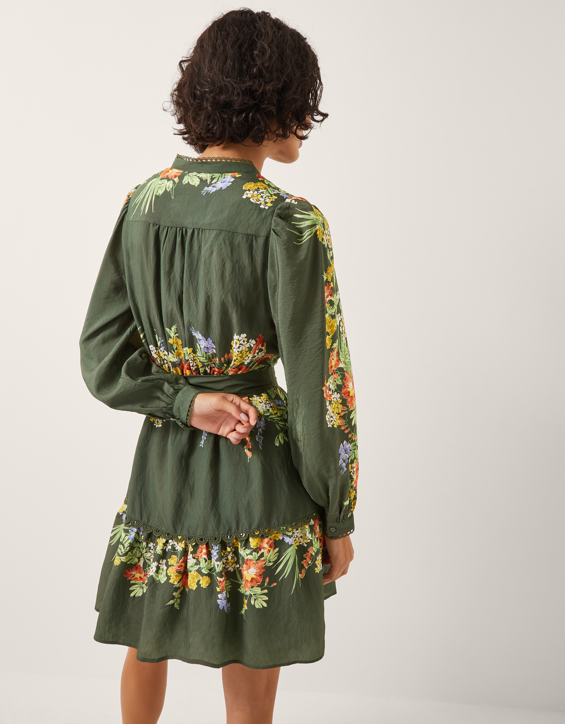 Monsoon Green & Yellow Viscose Floral Print Jesse Long Sleeve Mini Dress, view 3