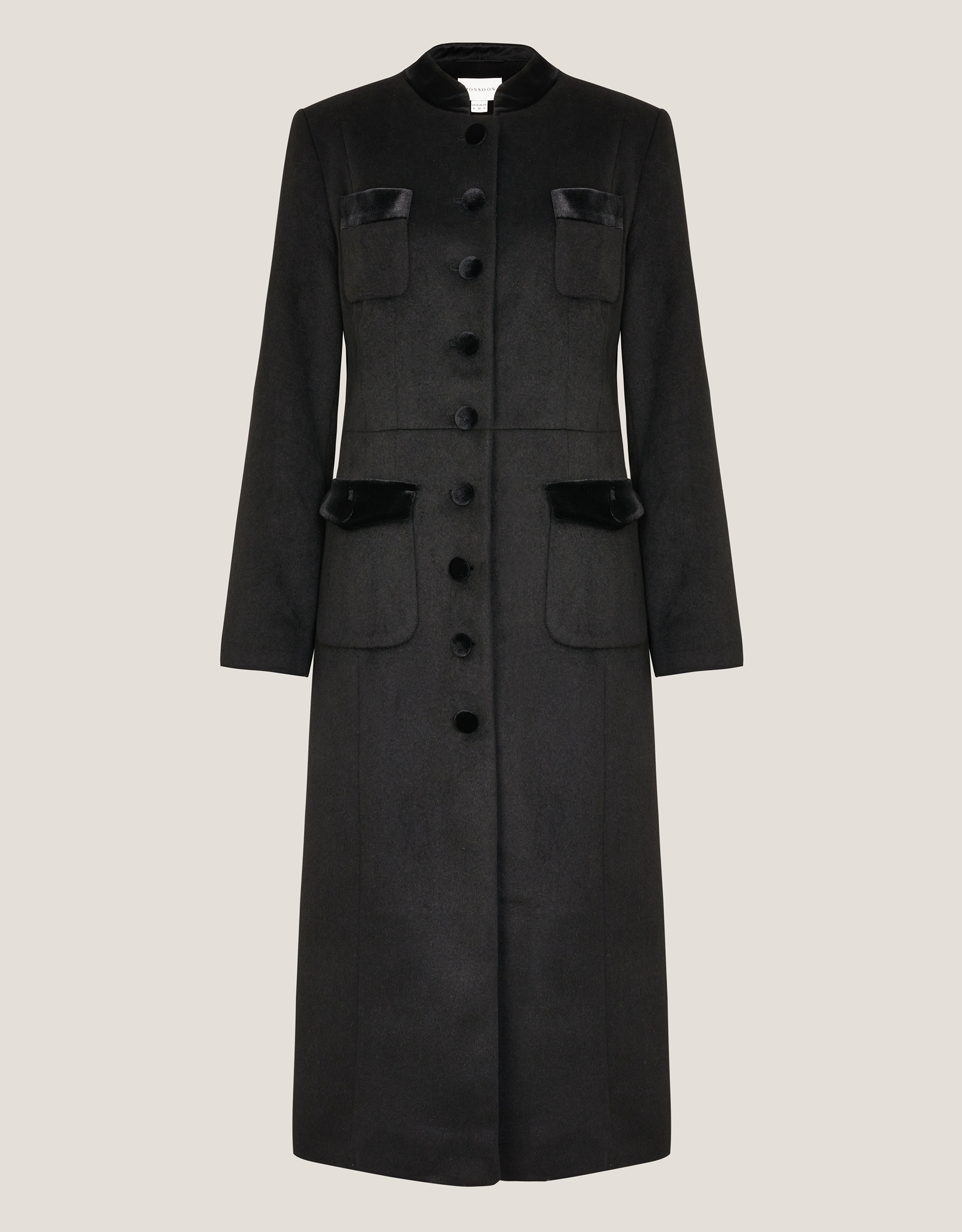Monsoon Viv Velvet Trim Military Coat in Black, view 5