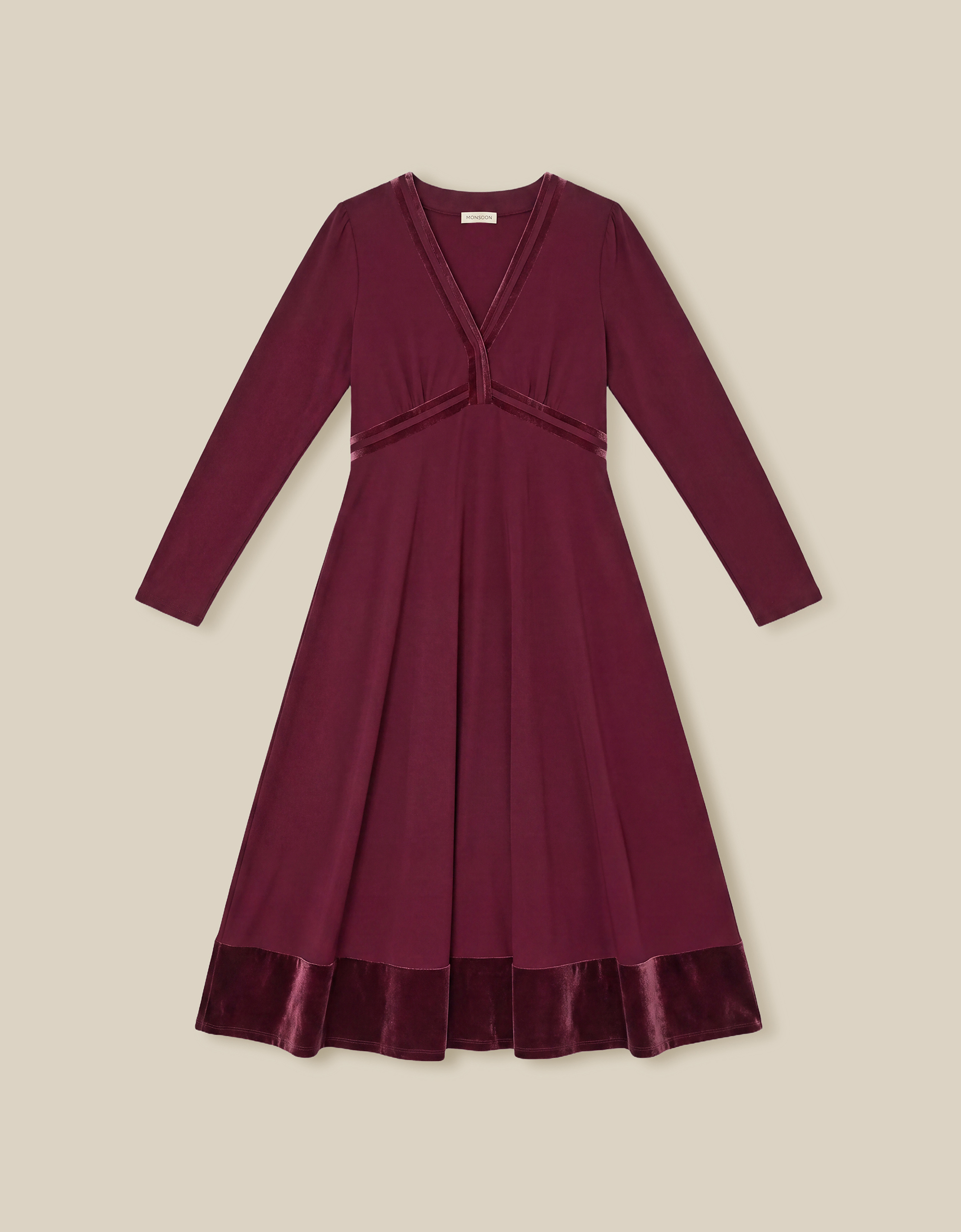 Monsoon Viv Velvet V-Neck Jersey Midi Dress, view 5