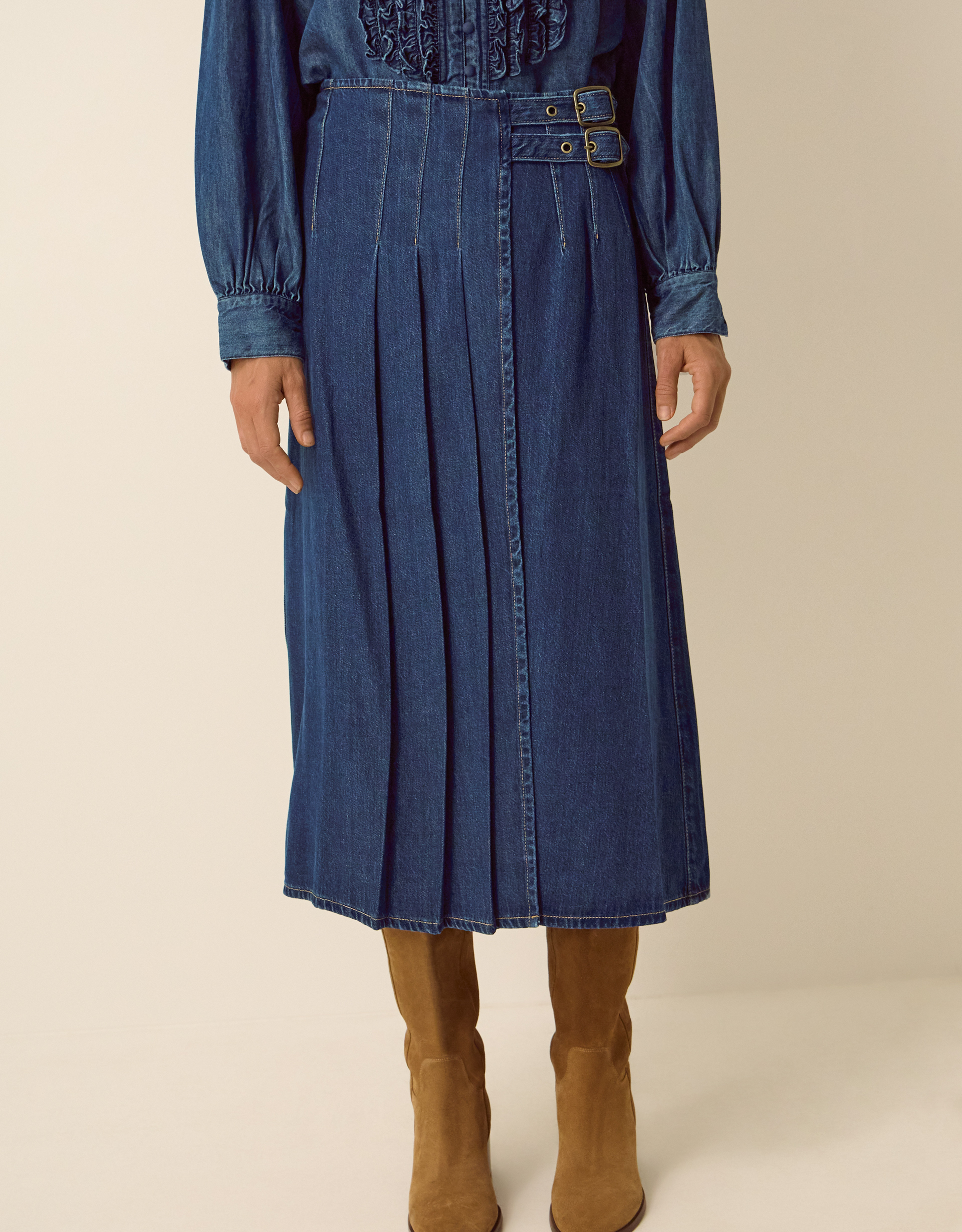Monsoon Kitty Denim Kilt Midi Skirt, view 2