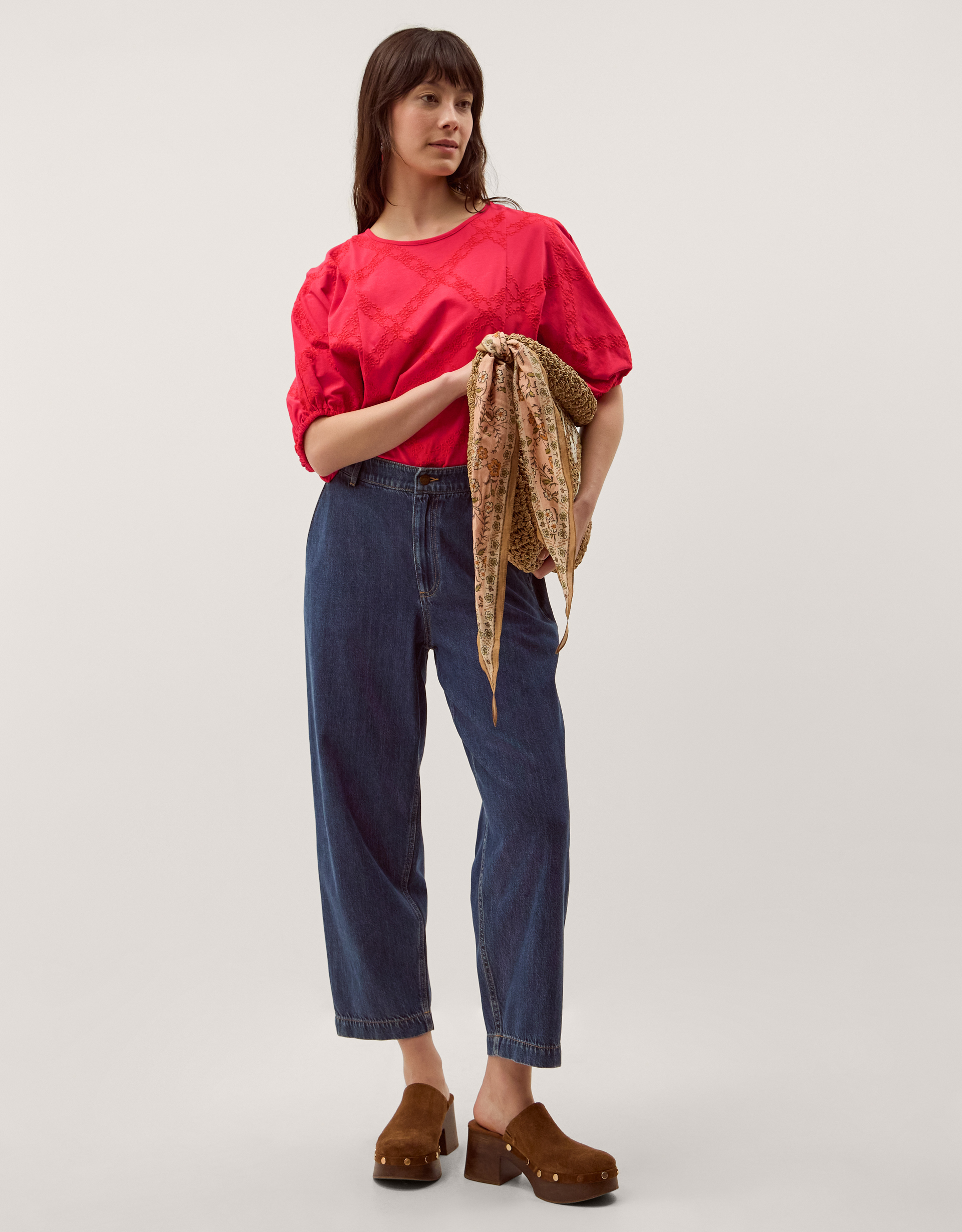 Monsoon Ellie Puff Sleeve Embroidered Jersey Top in Red, view 4