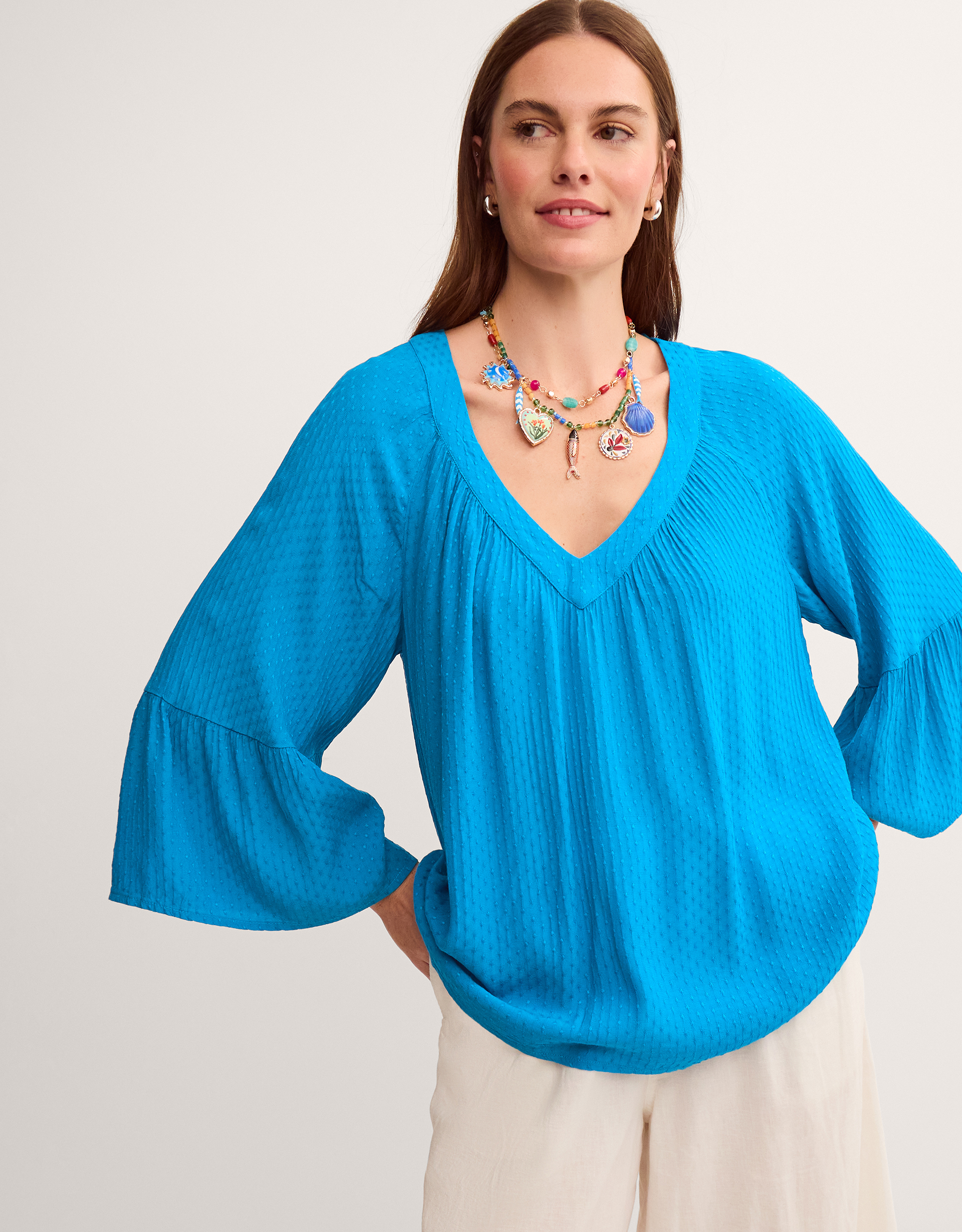 Monsoon Kallie Flute Sleeve Dobby Blouse in Teal