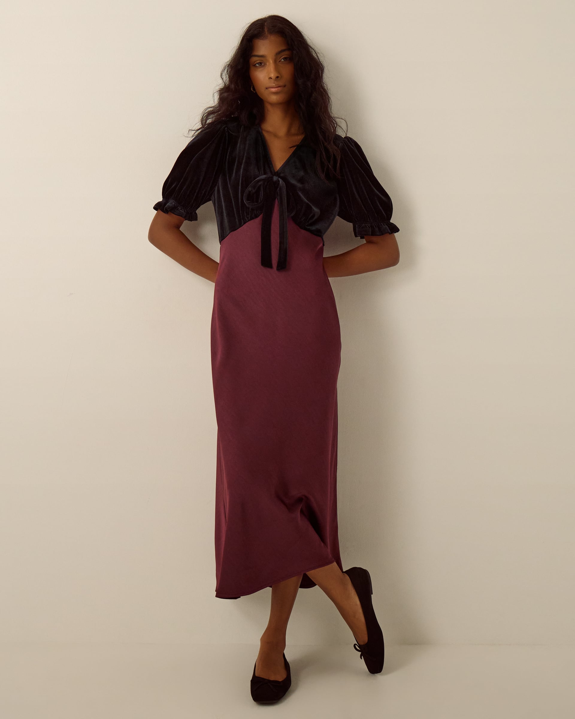 Monsoon Fiona Puff Sleeve Velvet Satin Midi Dress