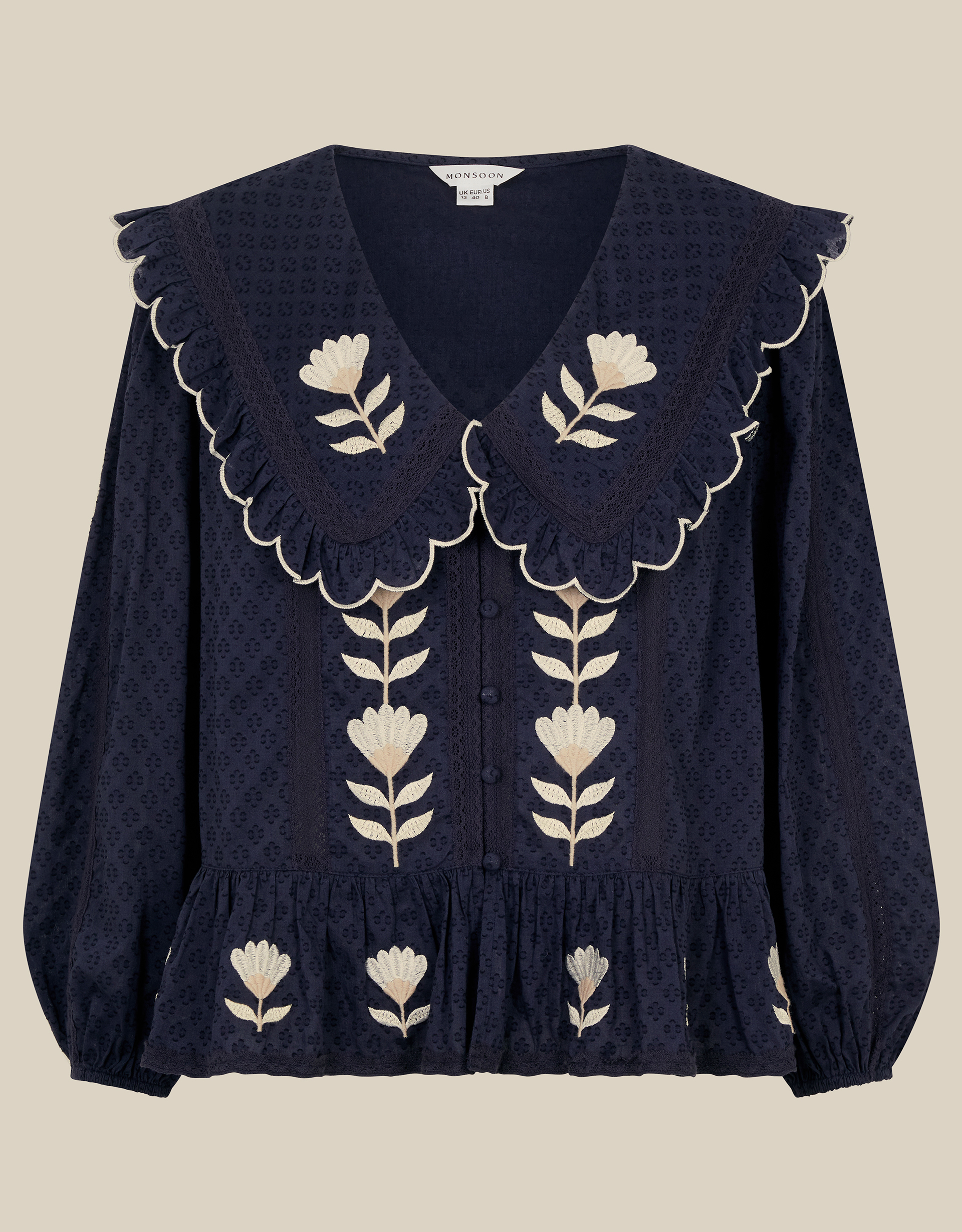 Monsoon Talia Tulip Embroidered Scallop Collar Top Blue, view 6