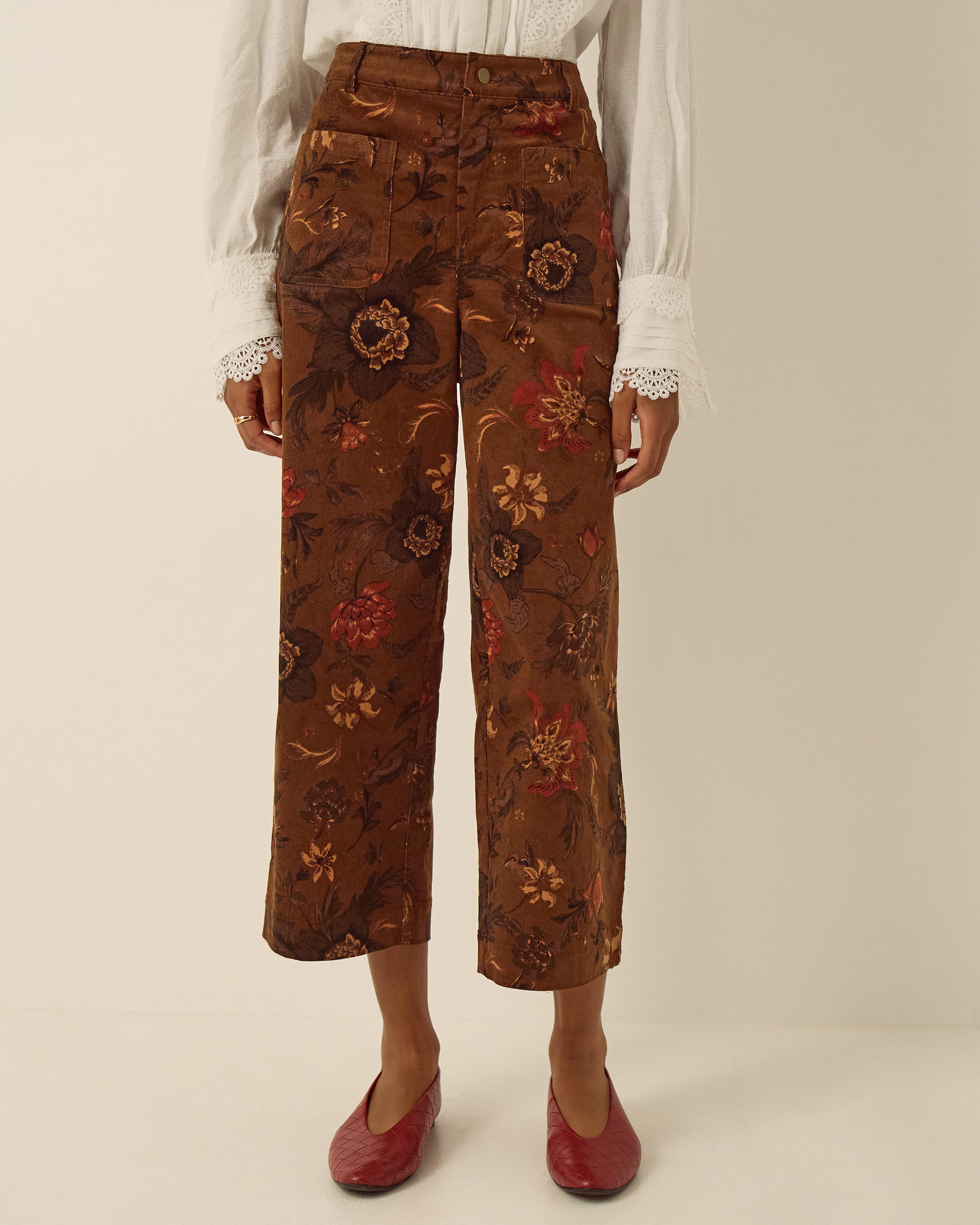 Monsoon Princella High Waisted Cropped Floral Corduroy Trousers, view 4